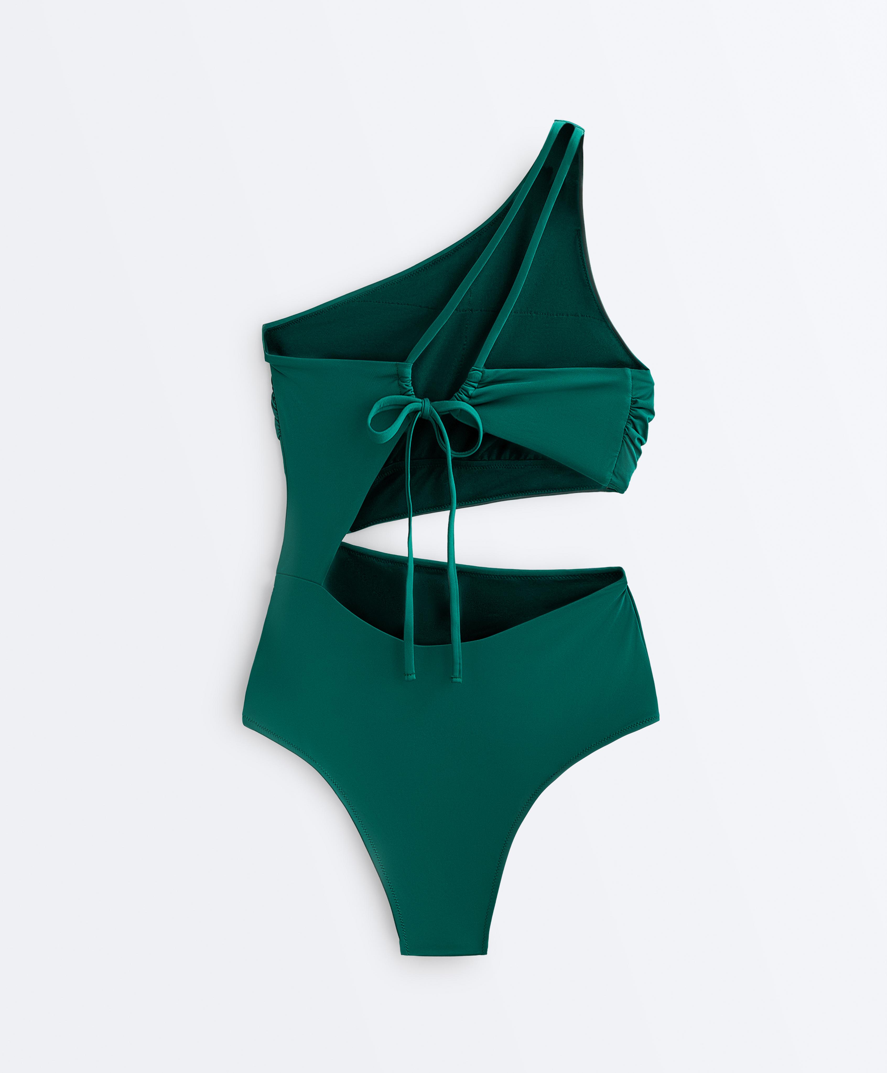 Asymmetric tie-detail trikini — EMERALD GREEN