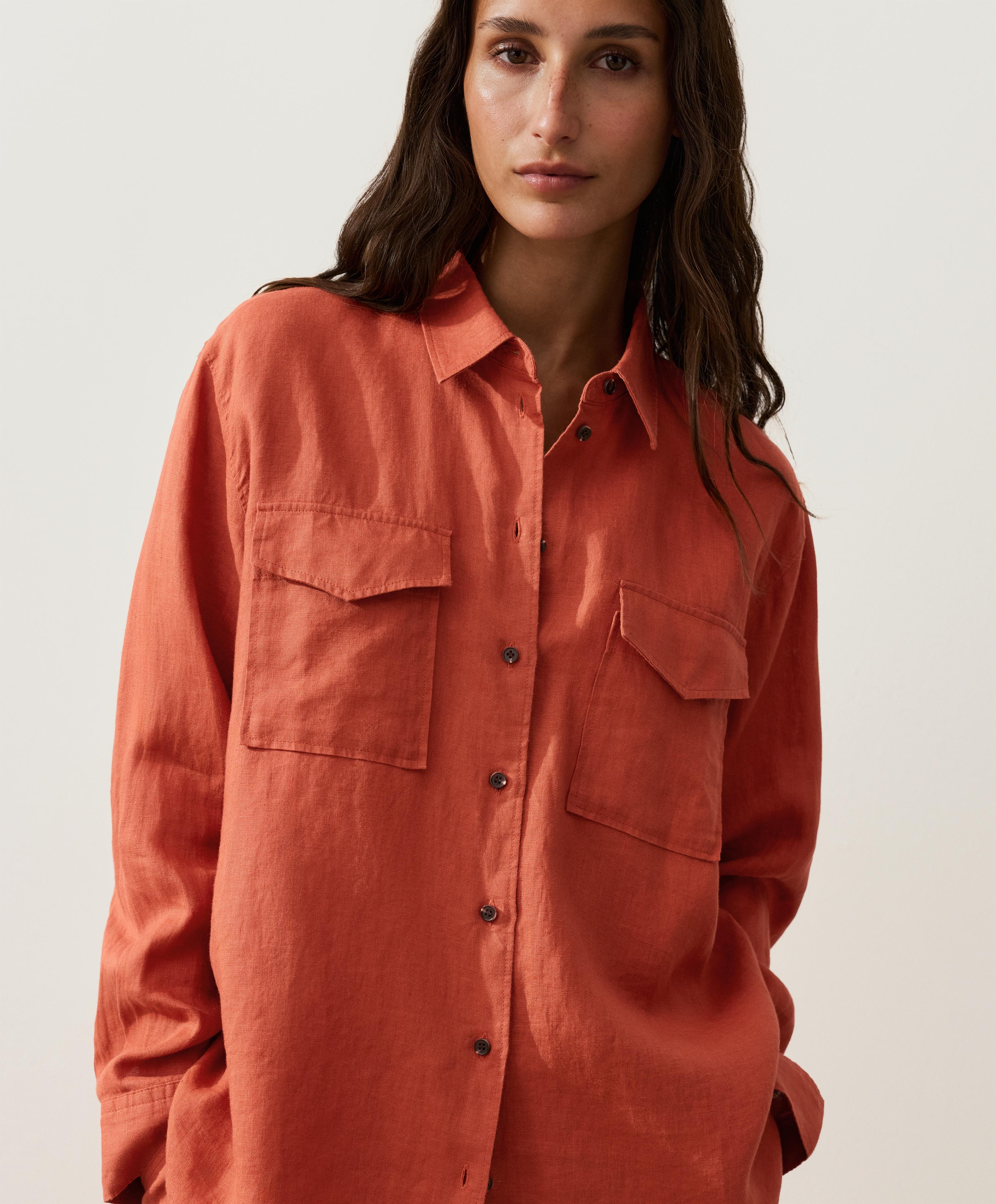 100% linen shirt with pockets — BURNT ORANGE