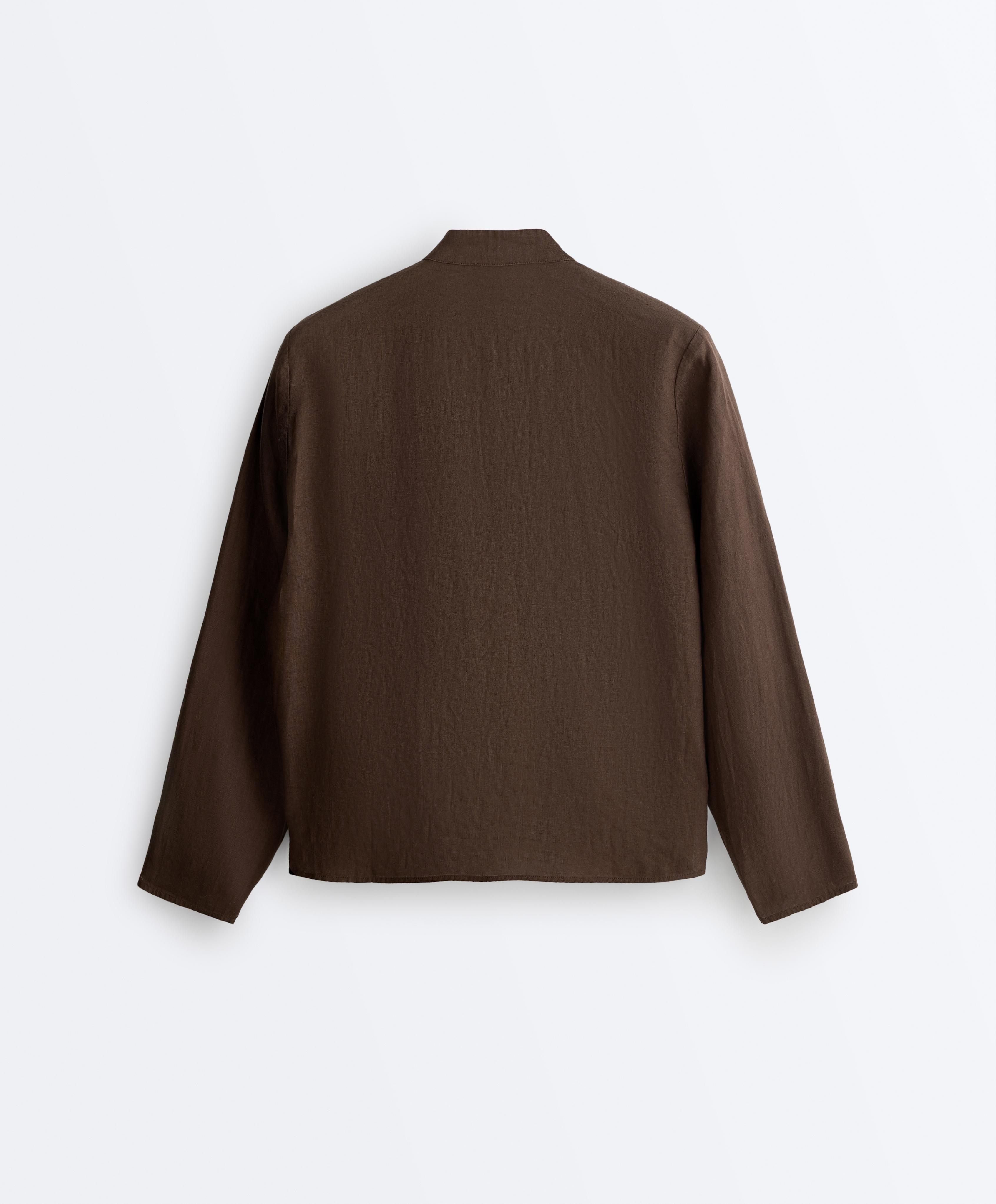 100% linen stand-up collar shirt — DARK BROWN