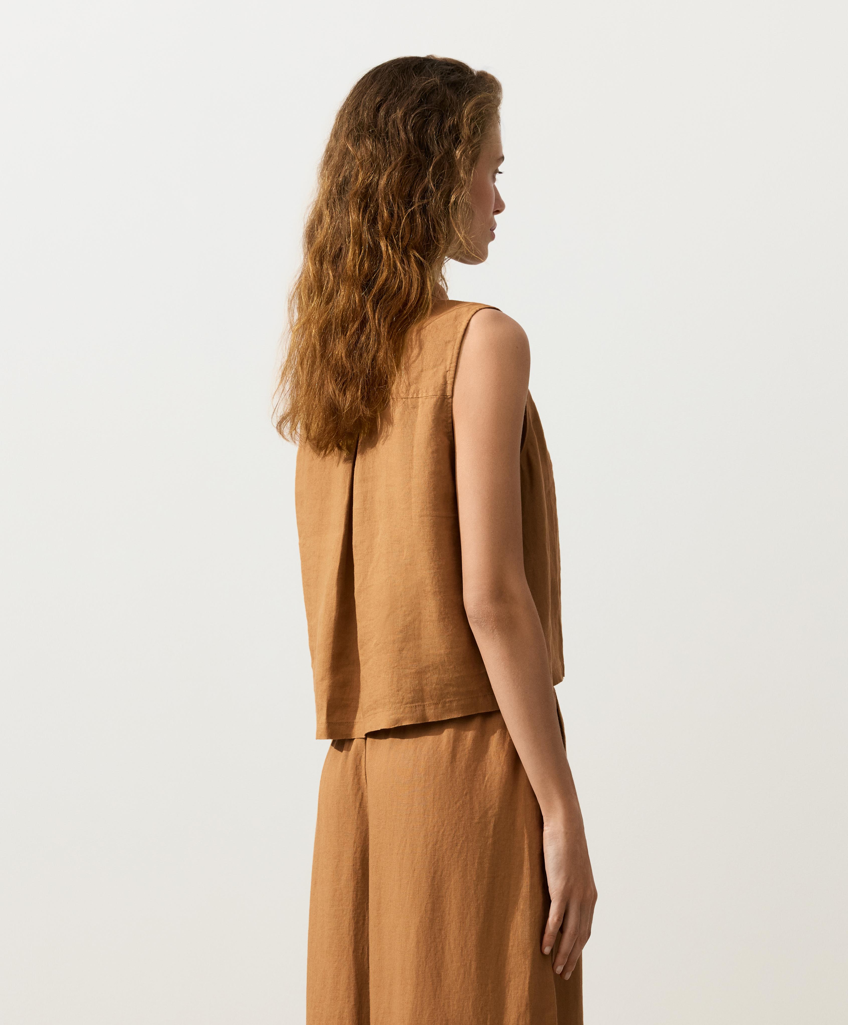 Sleeveless cropped 100% linen shirt — MUSTARD