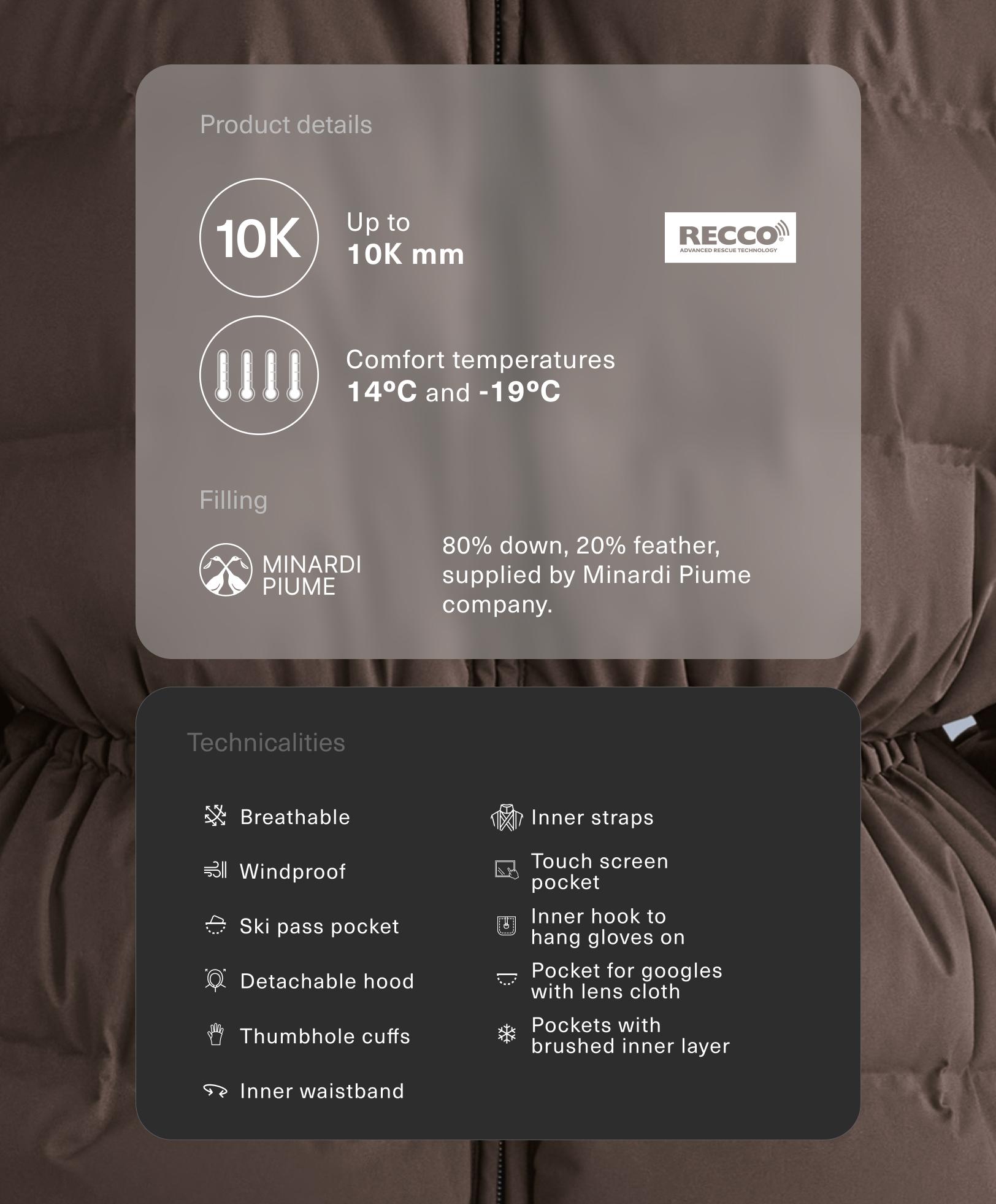 Lätt vadderad jacka 80% dun och 20% MINARDI PIUME SKI vattentålig