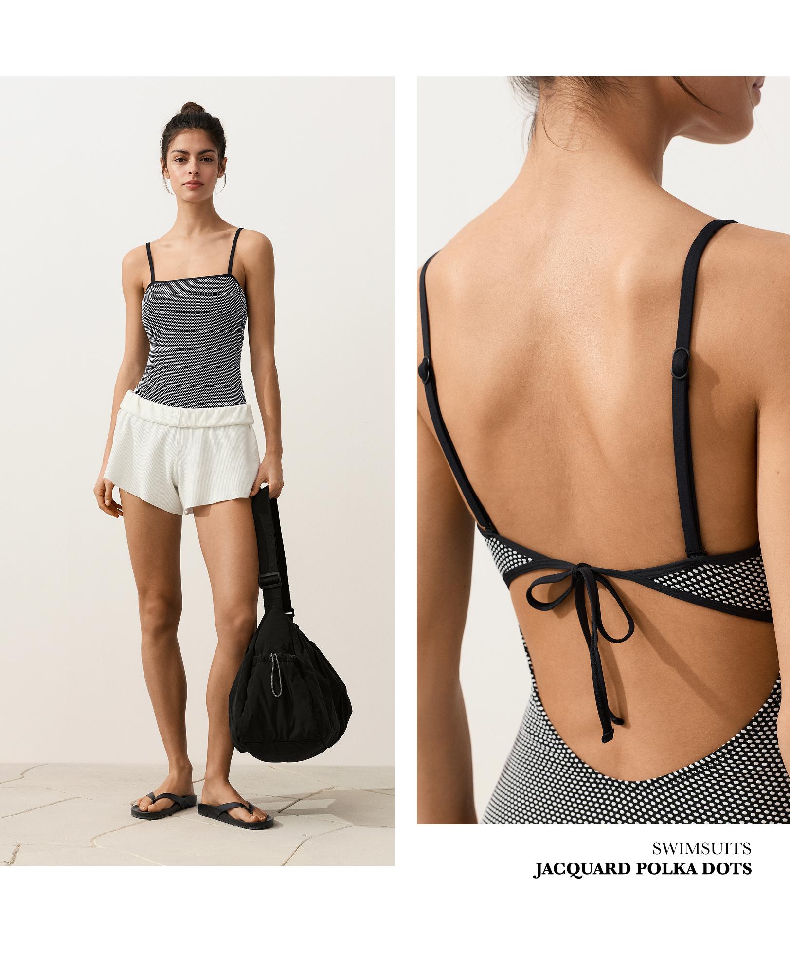 Polka dot jacquard bandeau swimsuit — BLACK