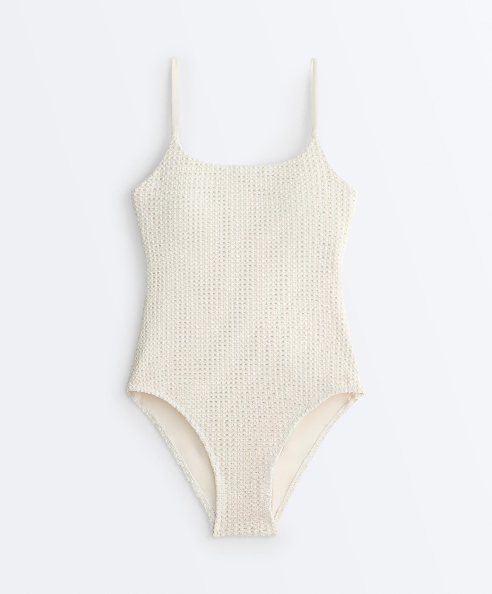 Bubble-texture crochet round neck swimsuit — ECRU