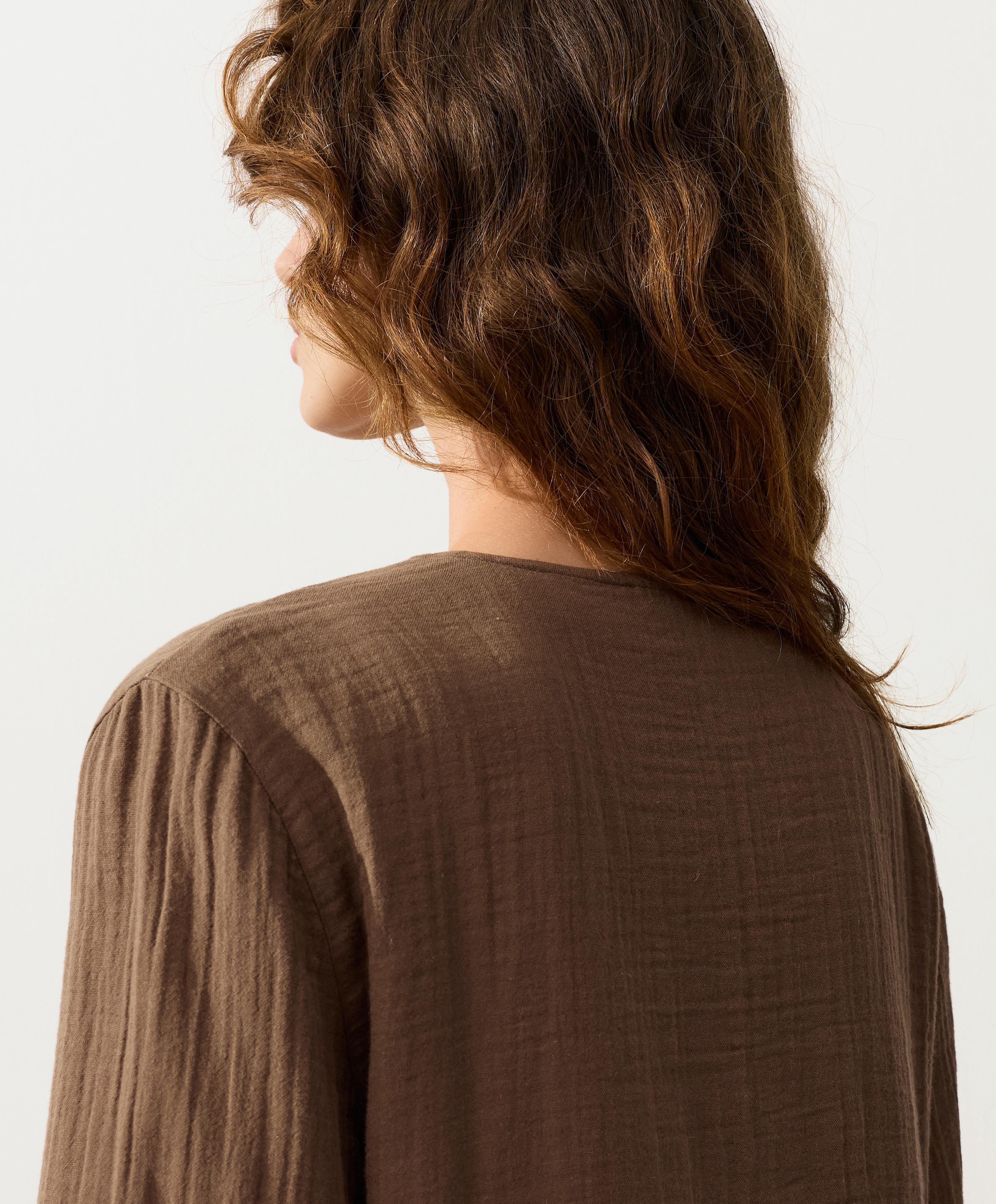 100% cotton gauze long-sleeved tie-front shirt — TAN