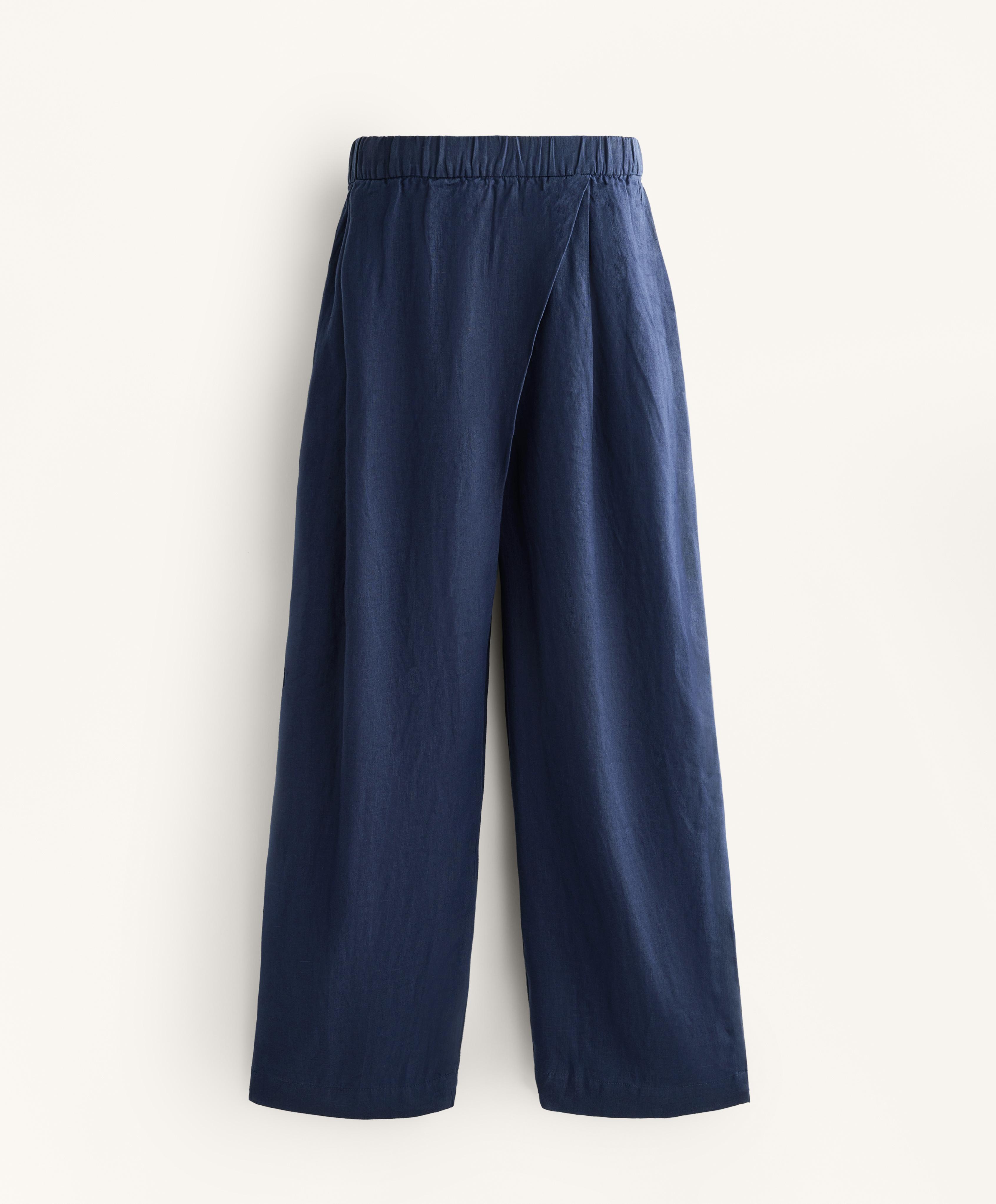 กางเกงขาบานทรงตรงด้านหน้าไขว้ผ้าลินิน 100% - ลดราคา