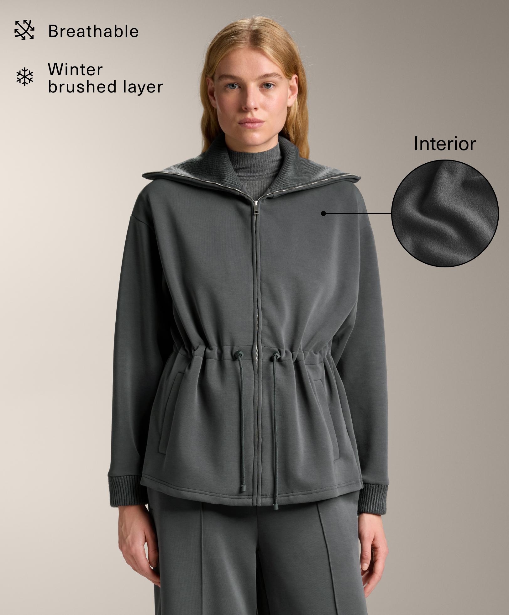 Long brushed modal jacket with adjustable waist and tricot collar Long brushed modal jacket with adjustable waist and tricot collar