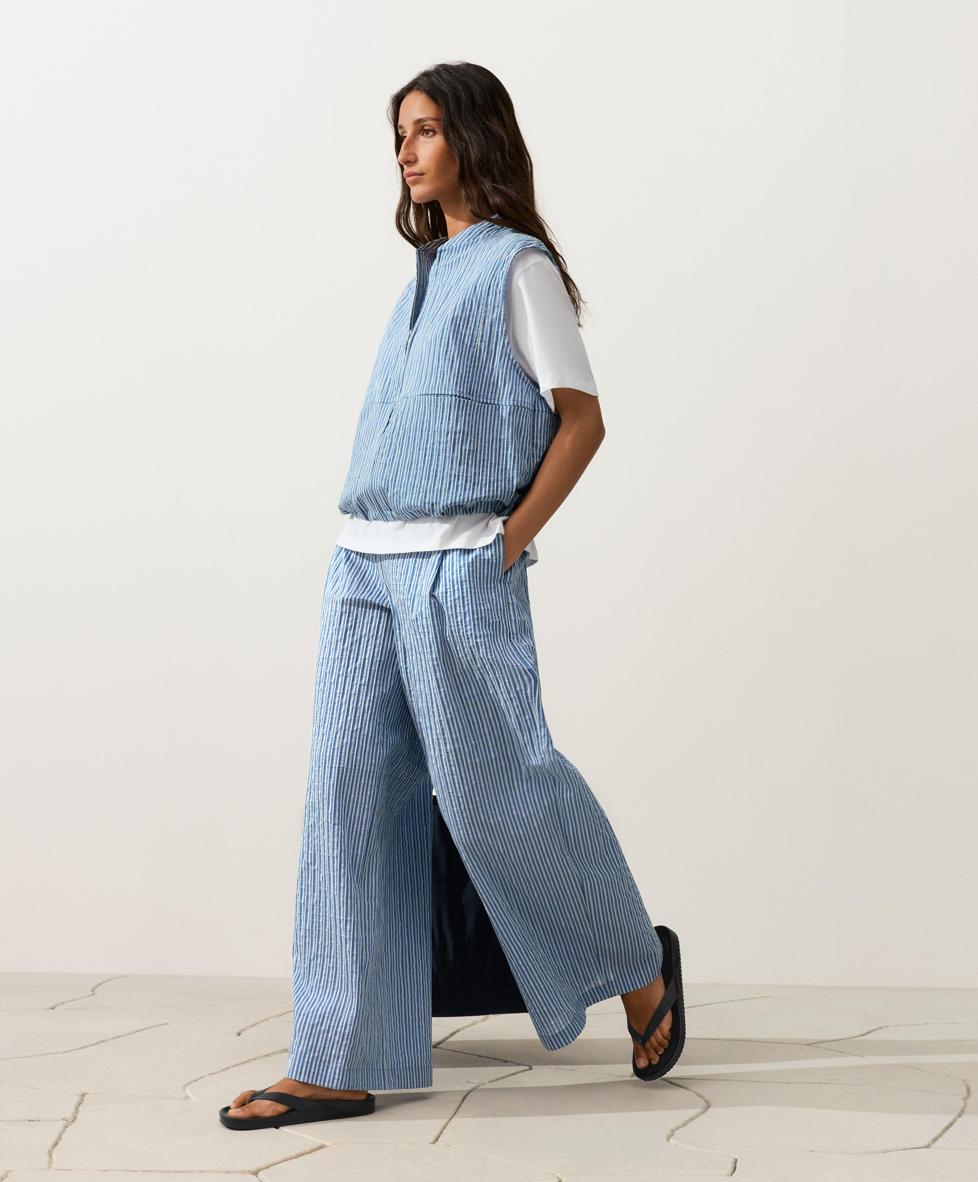 Cotton blend striped straight-leg trousers — MID-BLUE
