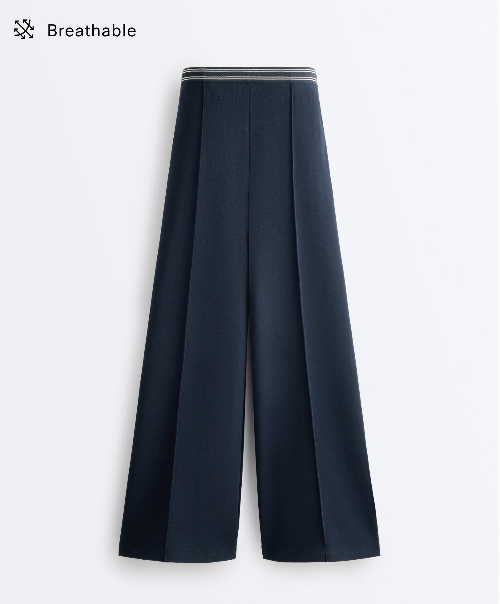 Straight-leg piqué trousers with cotton and contrast Piping — NAVY BLUE