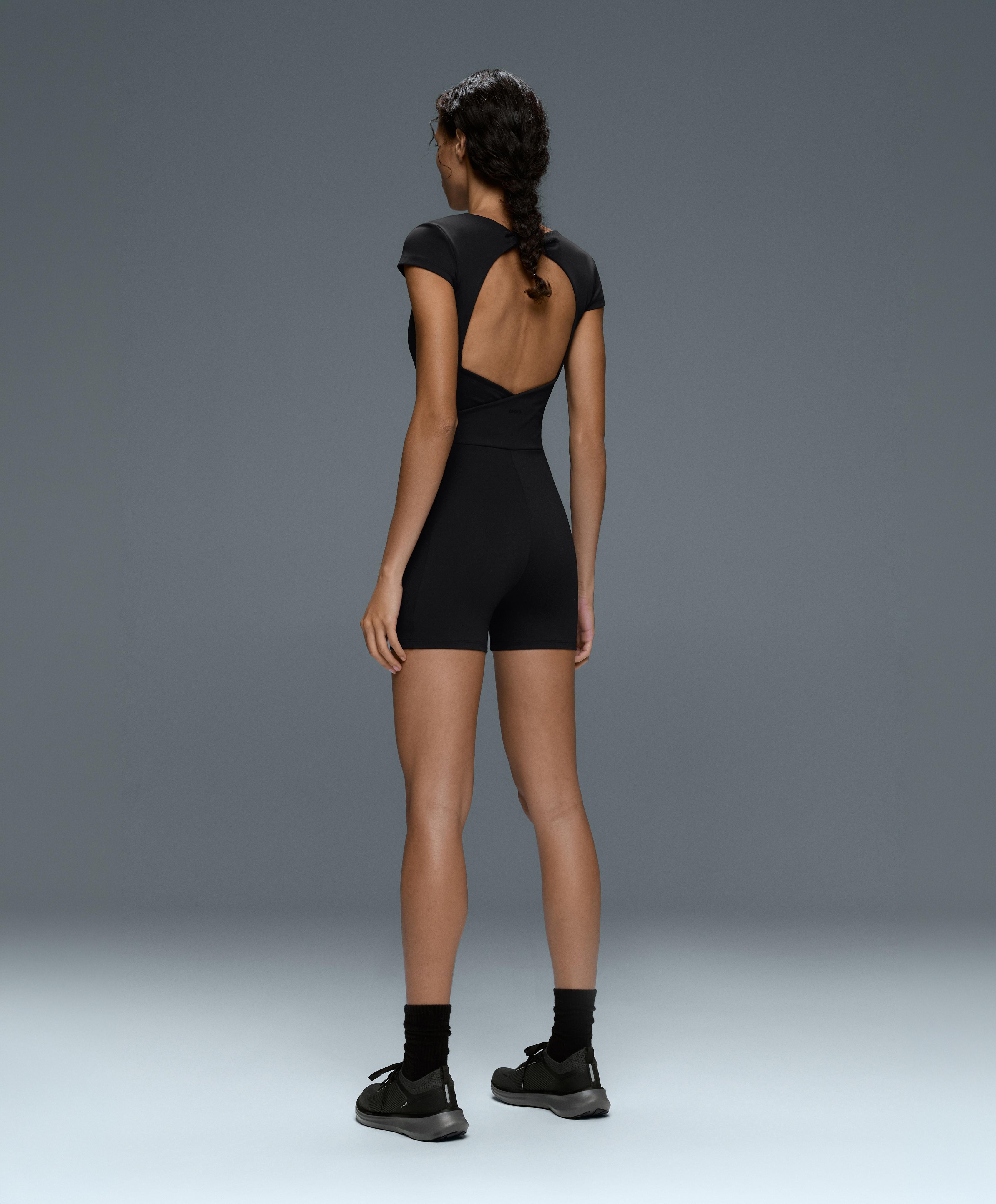 Comfortlux open-back short jumpsuit — BLACK