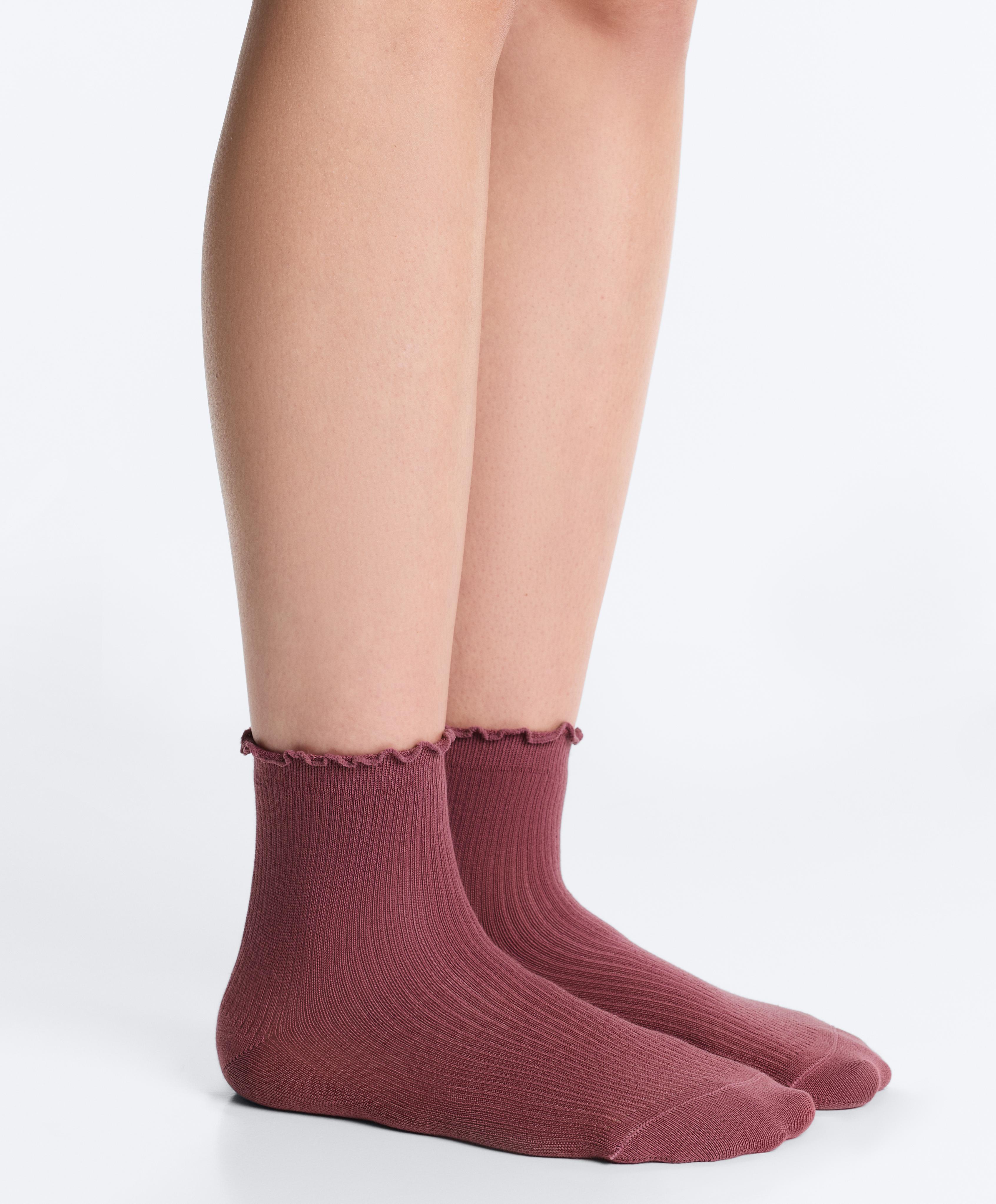 3 pairs of cotton blend quarter socks with curled edge — PLUM