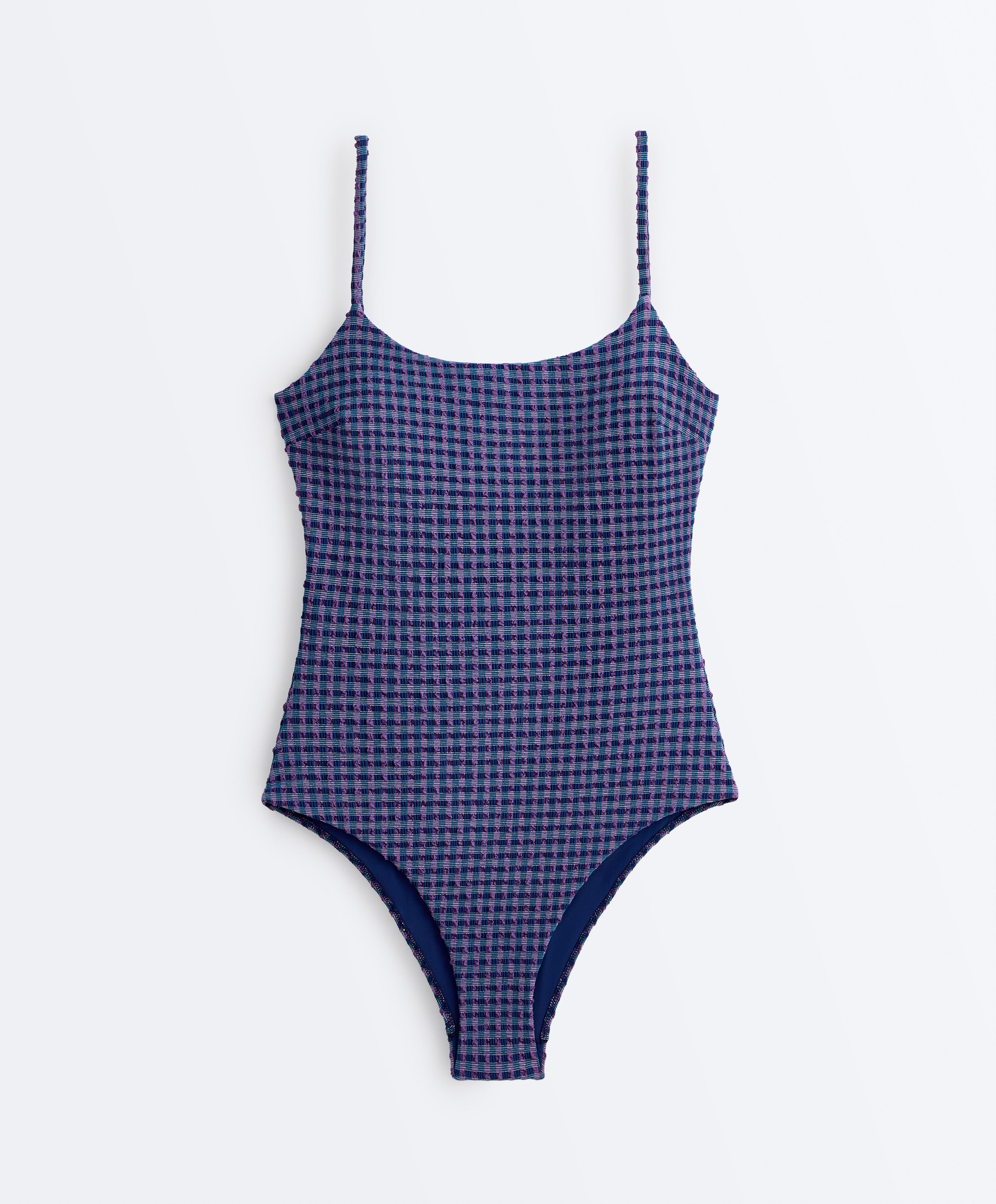 Gingham round-neck swimsuit — NAVY BLUE