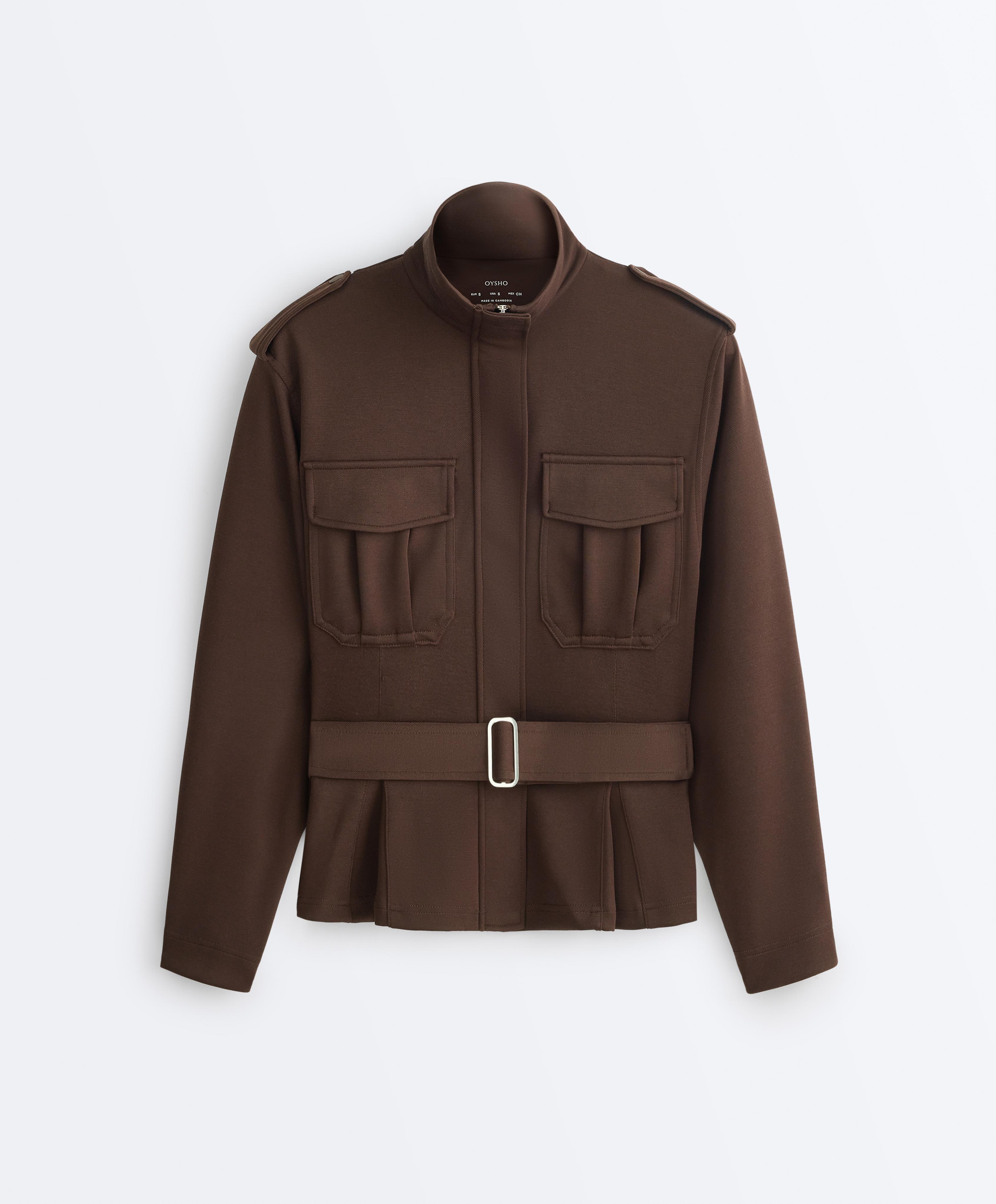 Cropped piqué utility jacket with belt — DARK BROWN