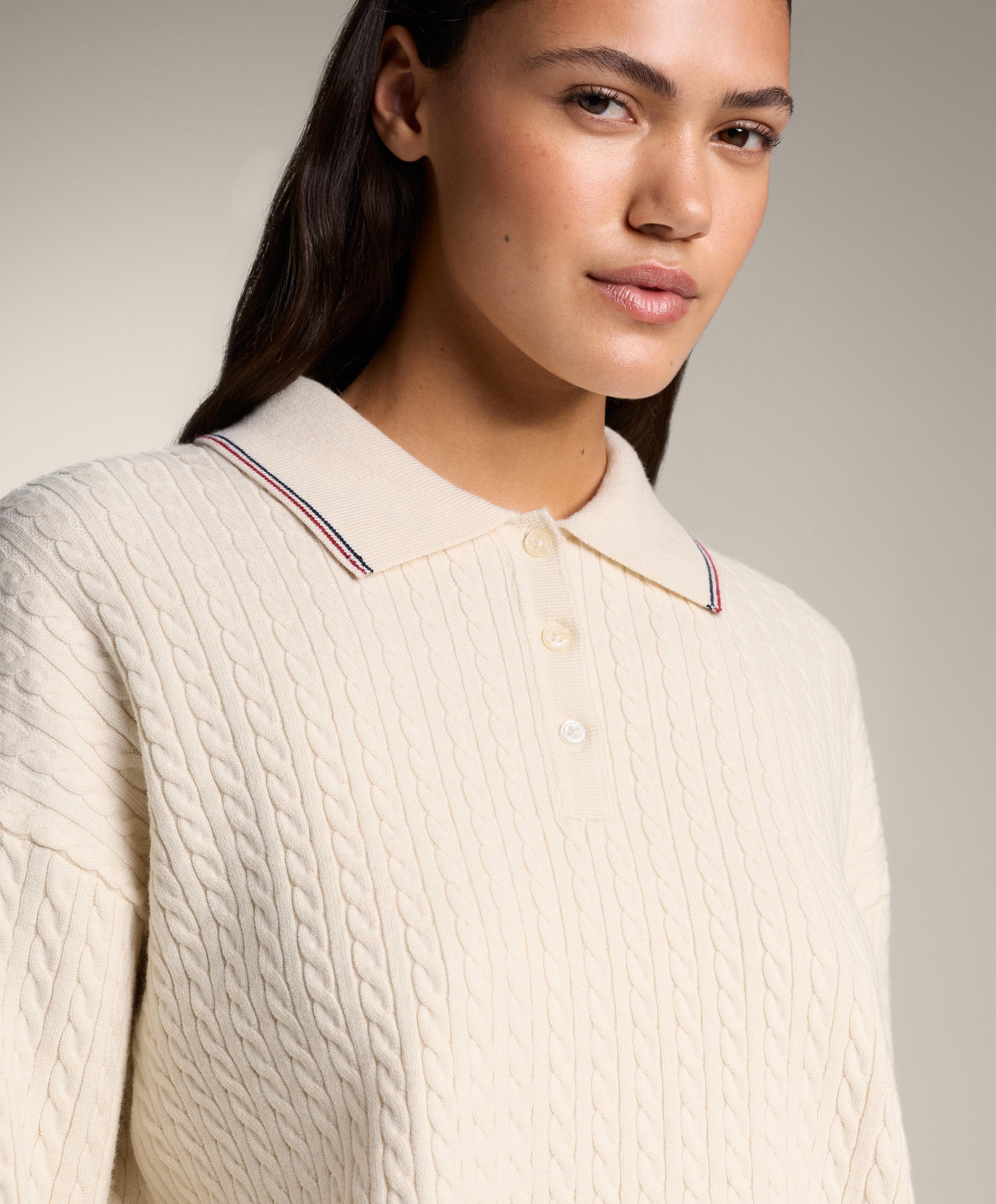 Mini cable knit polo neck jumper — ECRU