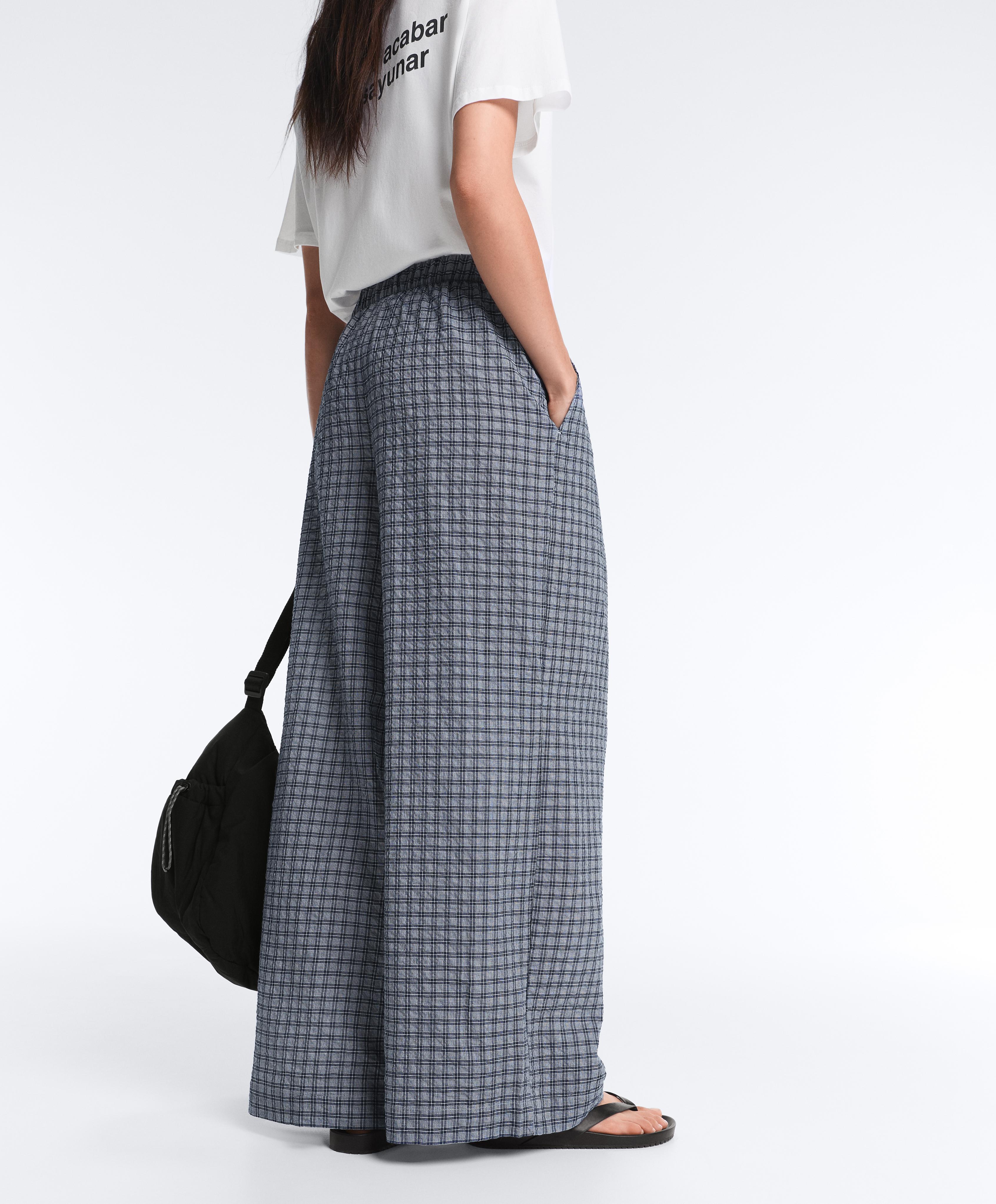 Check cotton blend wide-leg trousers — GREY-BLUE