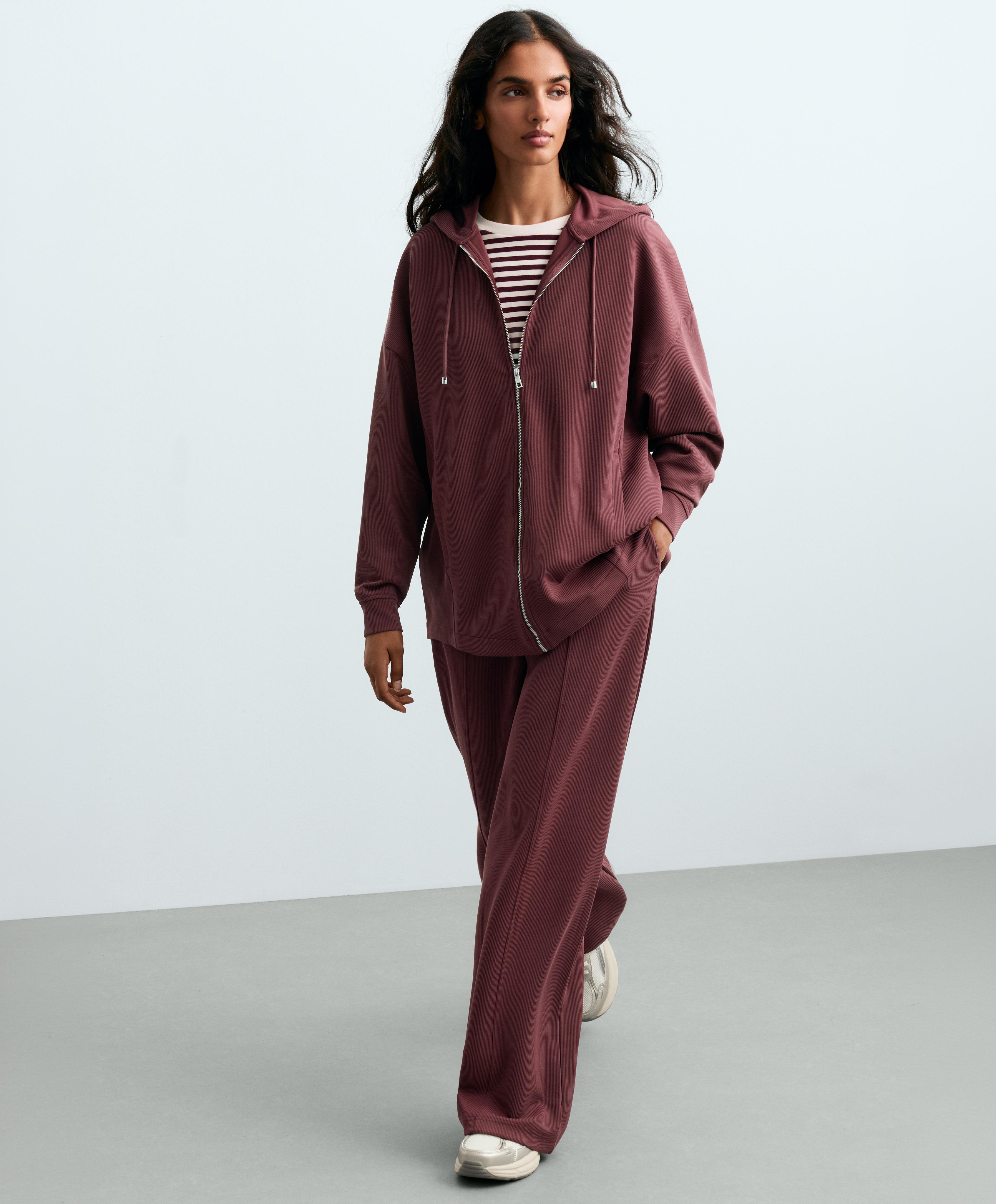 Soft-touch modal straight-leg rib trousers — BURGUNDY