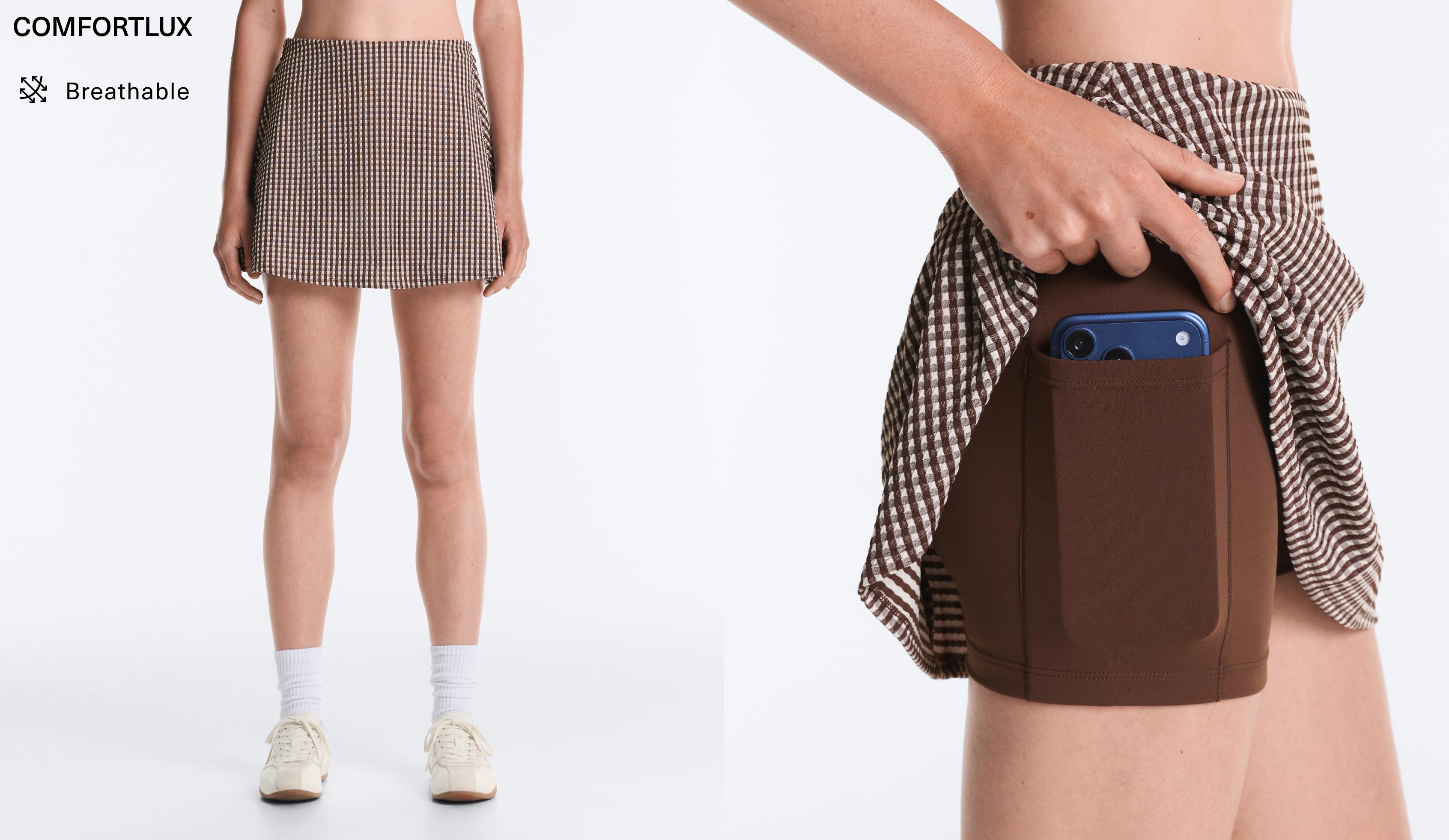 Comfortlux high-rise gingham mini skirt — DARK REDDISH‑BROWN