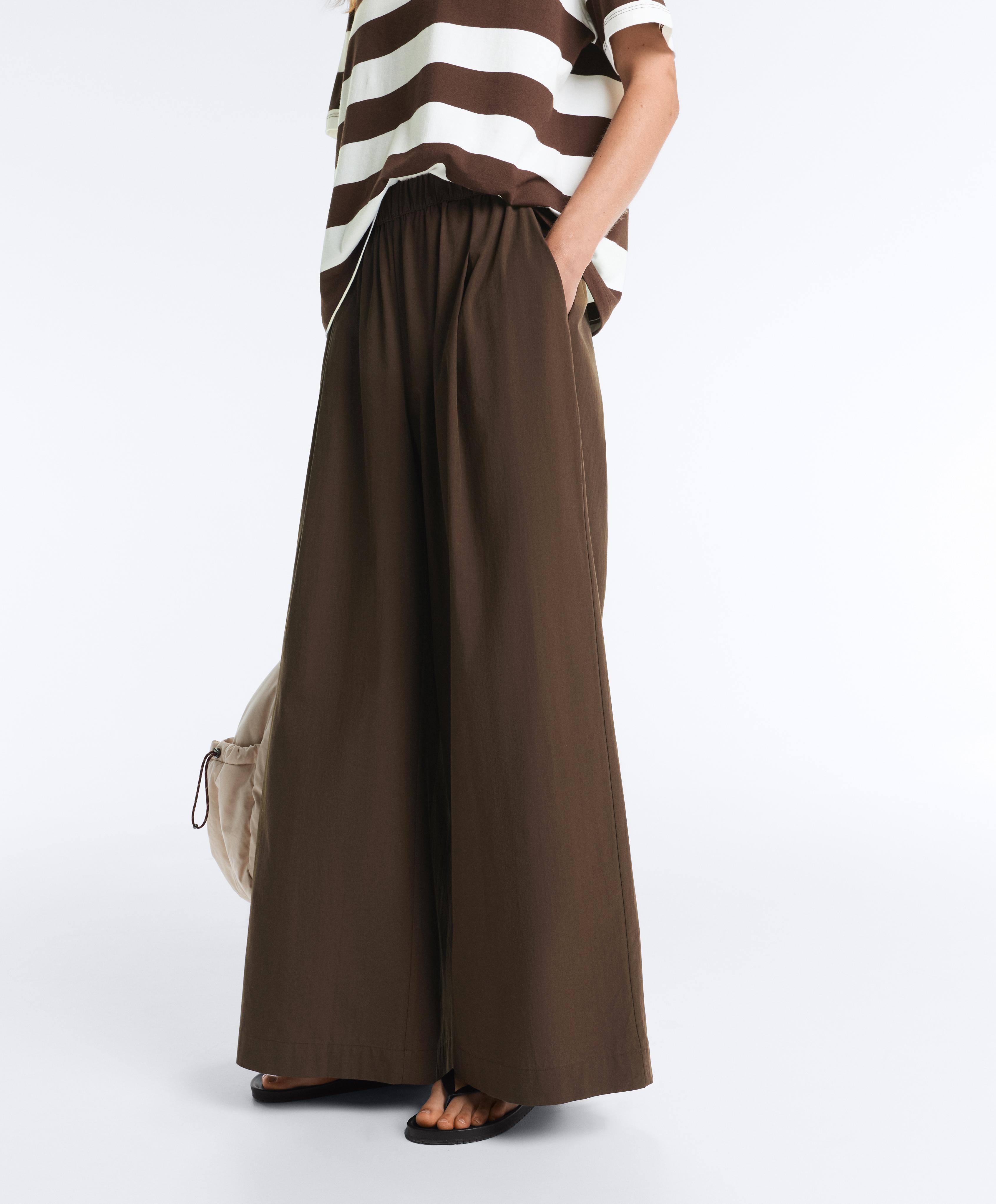 100% cotton poplin wide-leg trousers — DARK BROWN