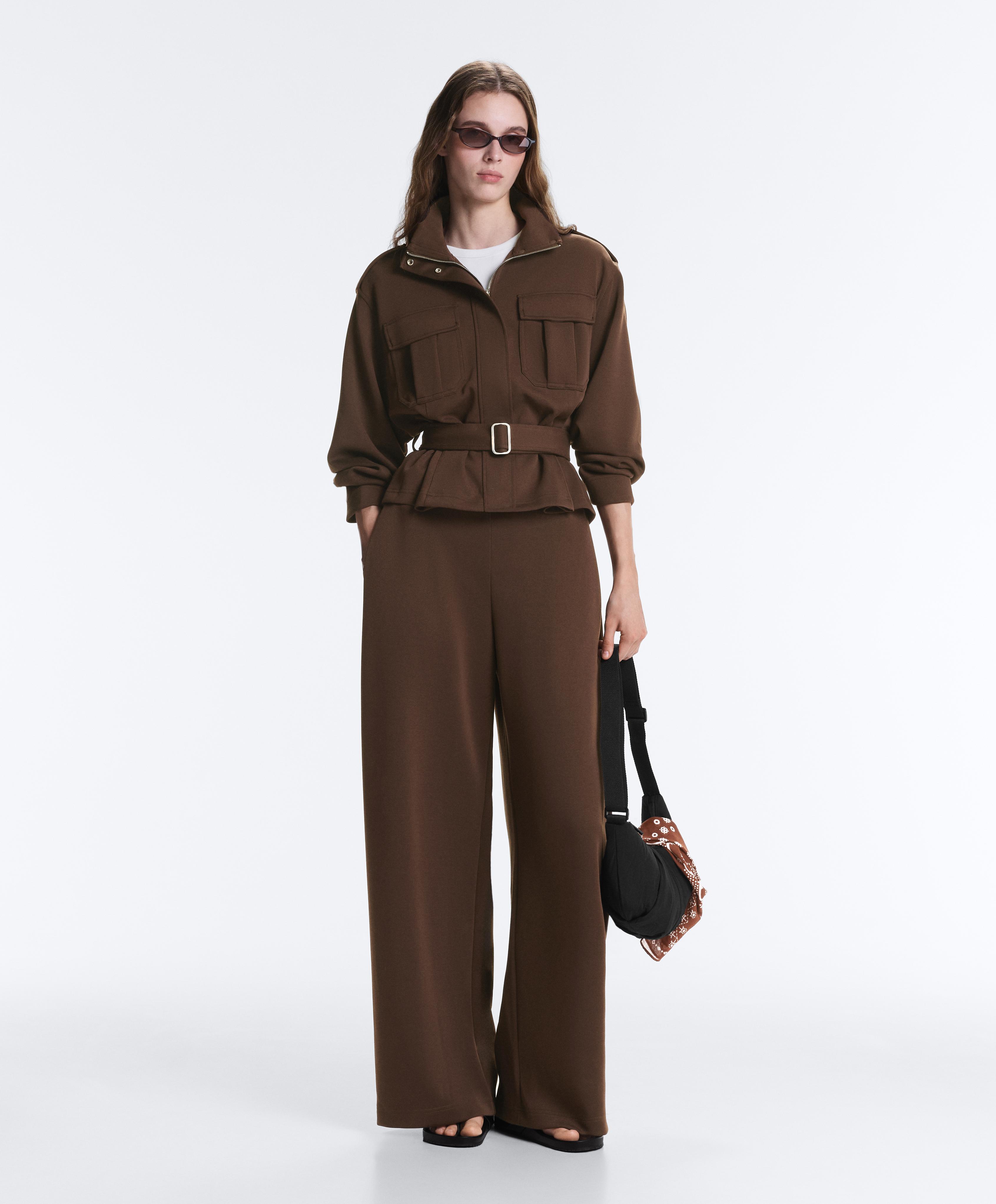 Cropped piqué utility jacket with belt — DARK BROWN