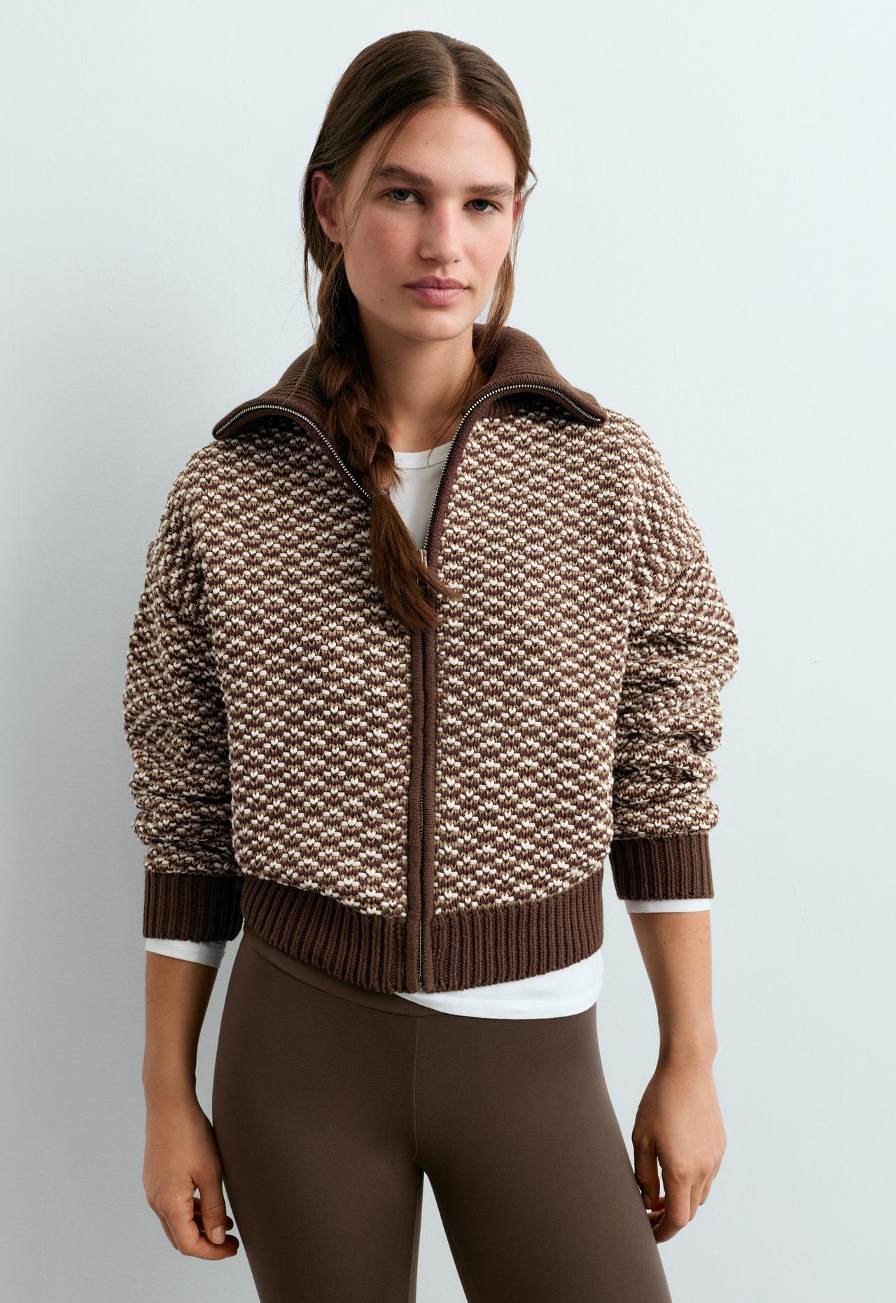 Contrast high-neck knit jacket — COCOA
