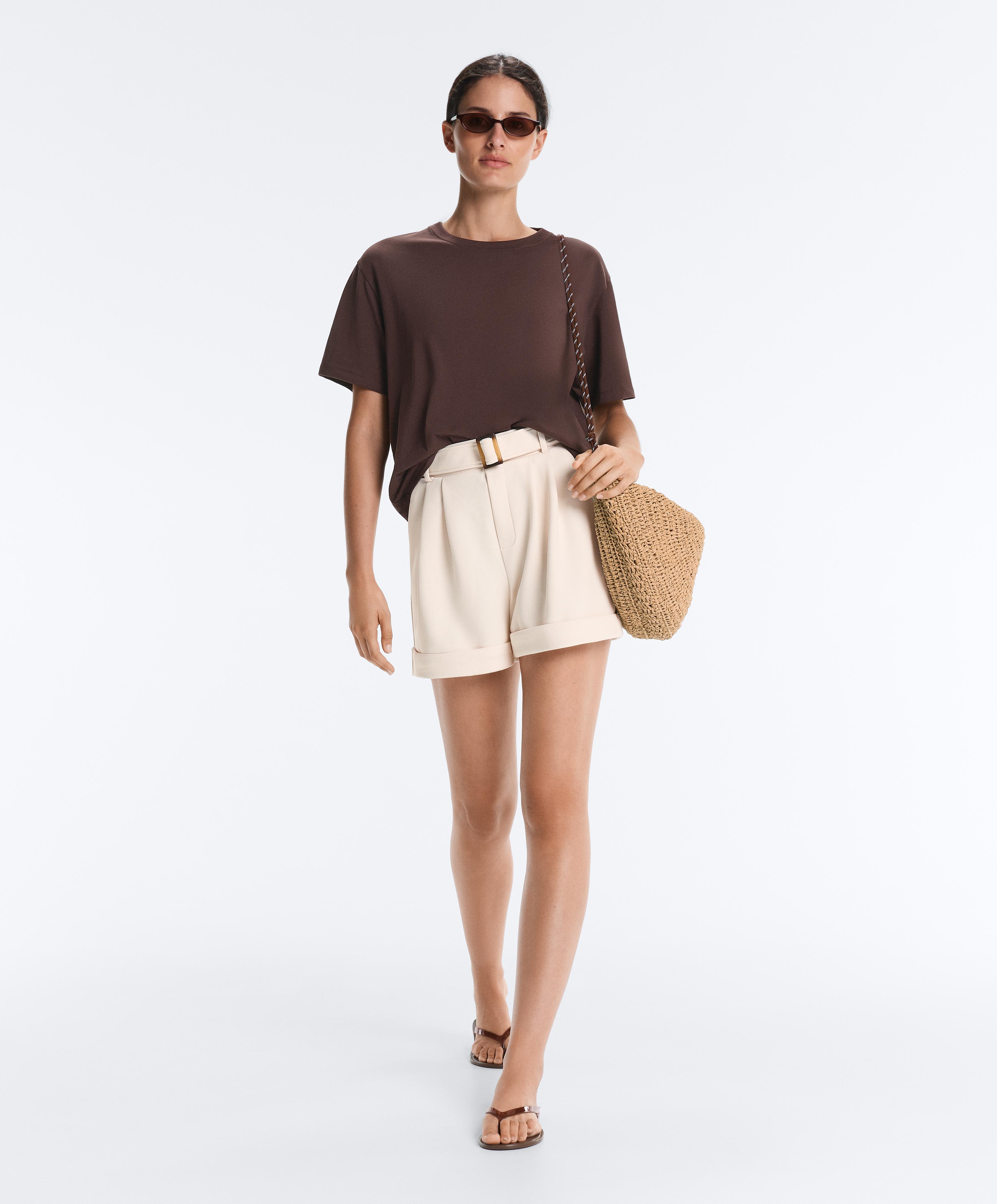 Cotton piqué belted shorts — PALE ECRU