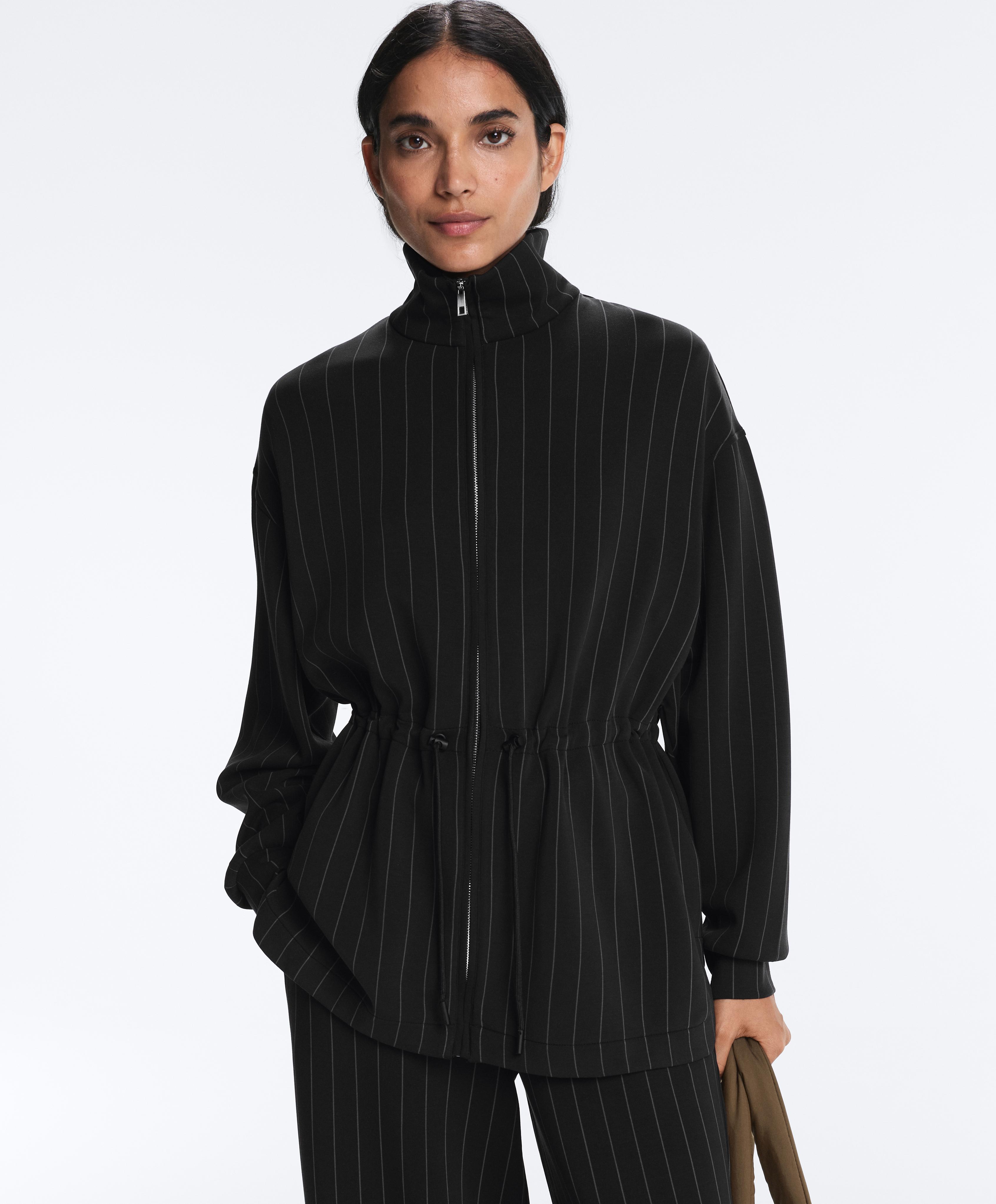 Long pinstripe jacket with adjustable waist and soft-touch modal — BLACK