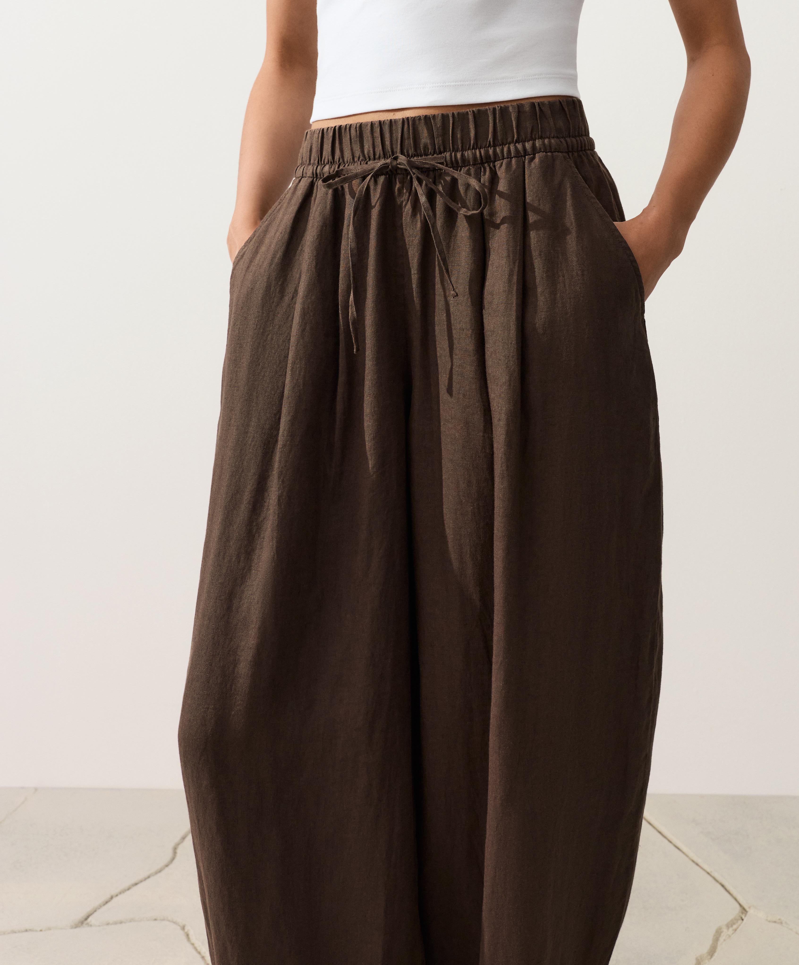 100% linen balloon trousers — DARK BROWN