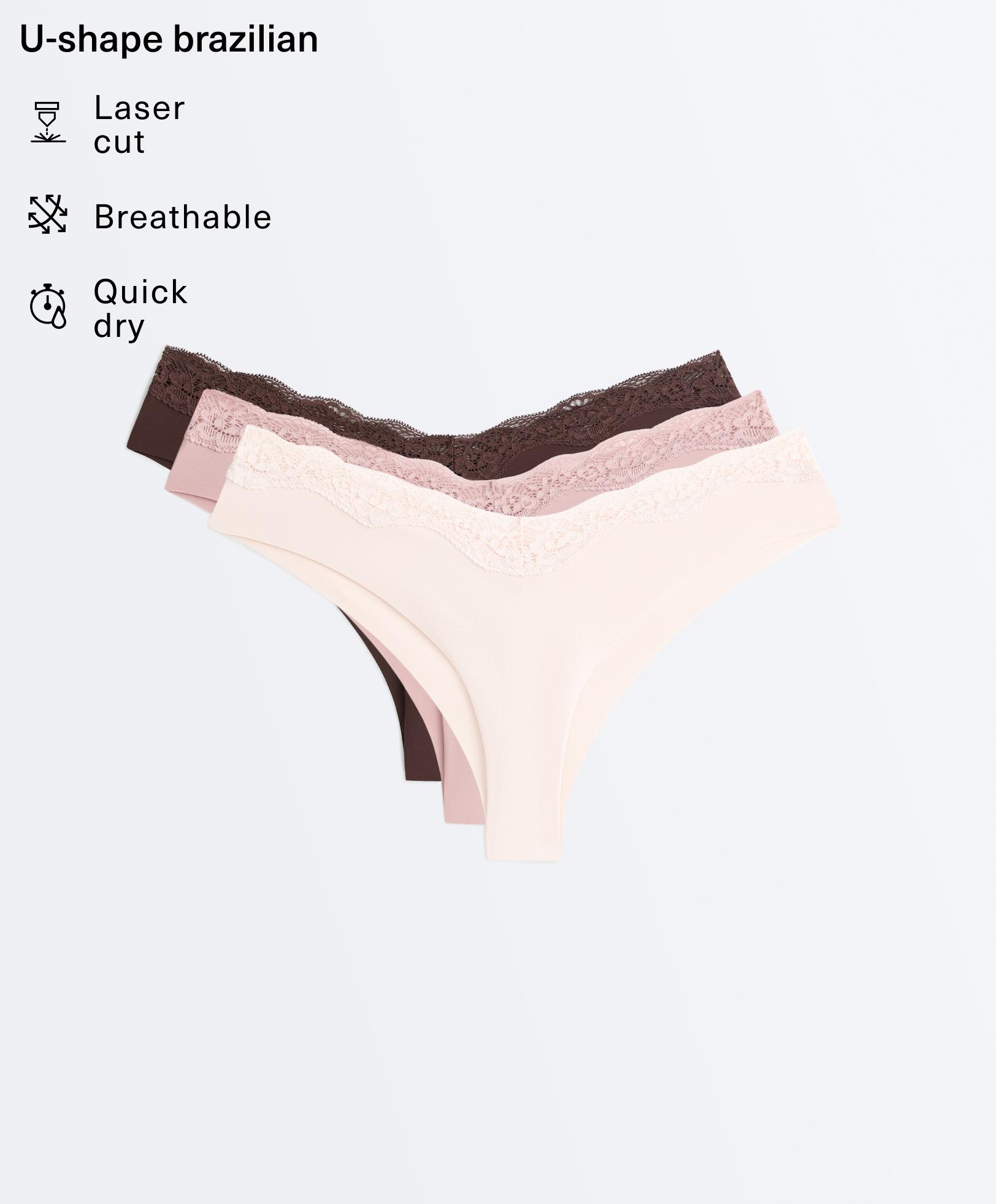 3 laser-cut polyamide blend lace Brazilian briefs — CHOCOLATE