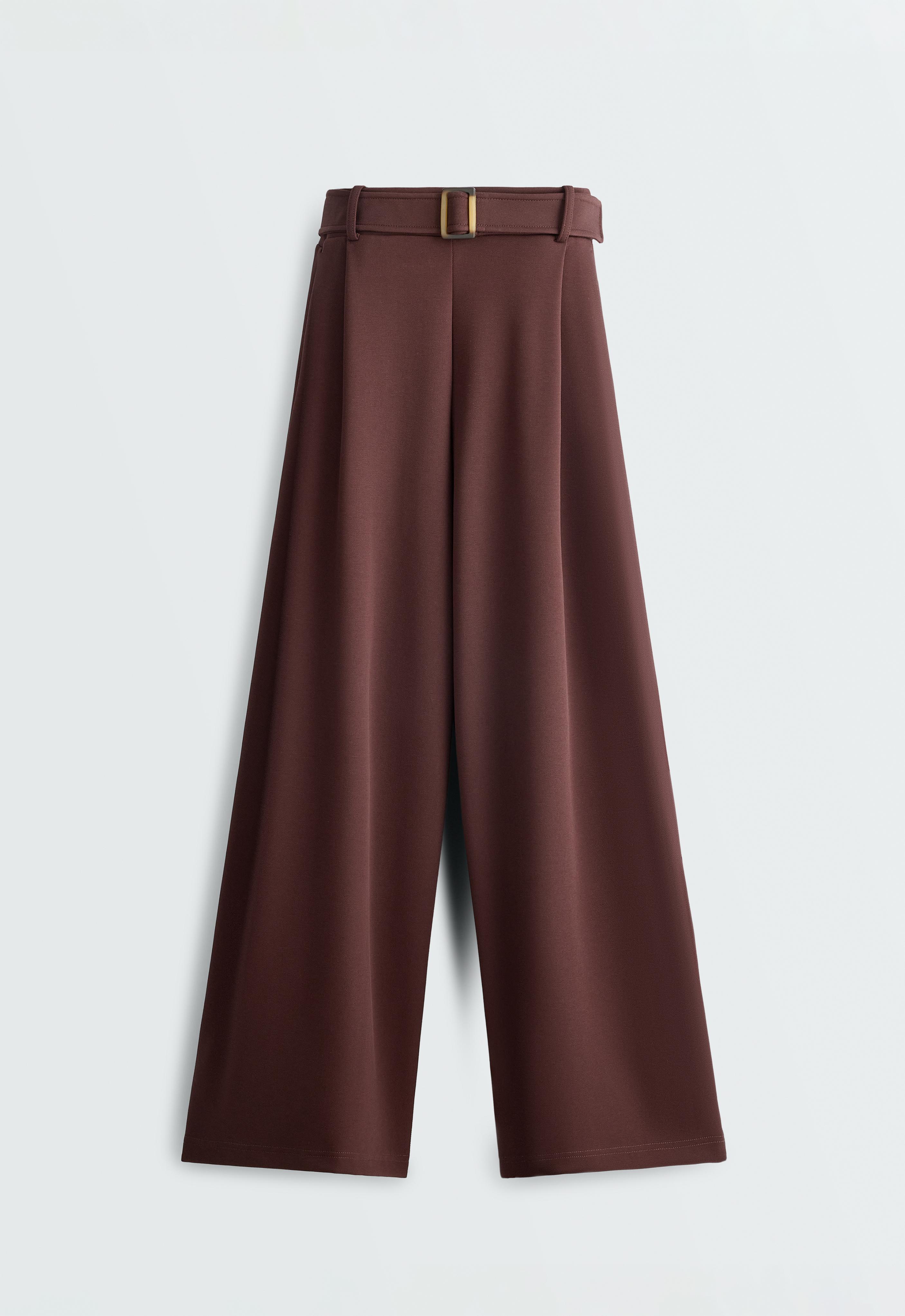 Wide-leg cotton piqué belted trousers — CHOCOLATE