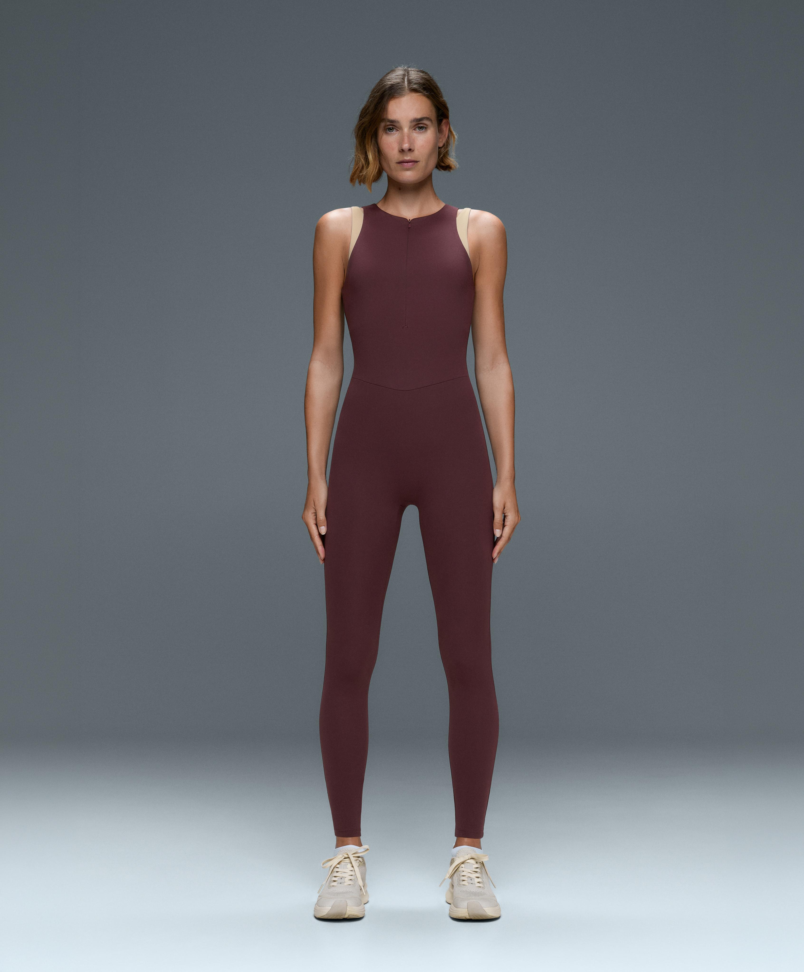 Comfortlux long jumpsuit with contrast overlay — PLUM
