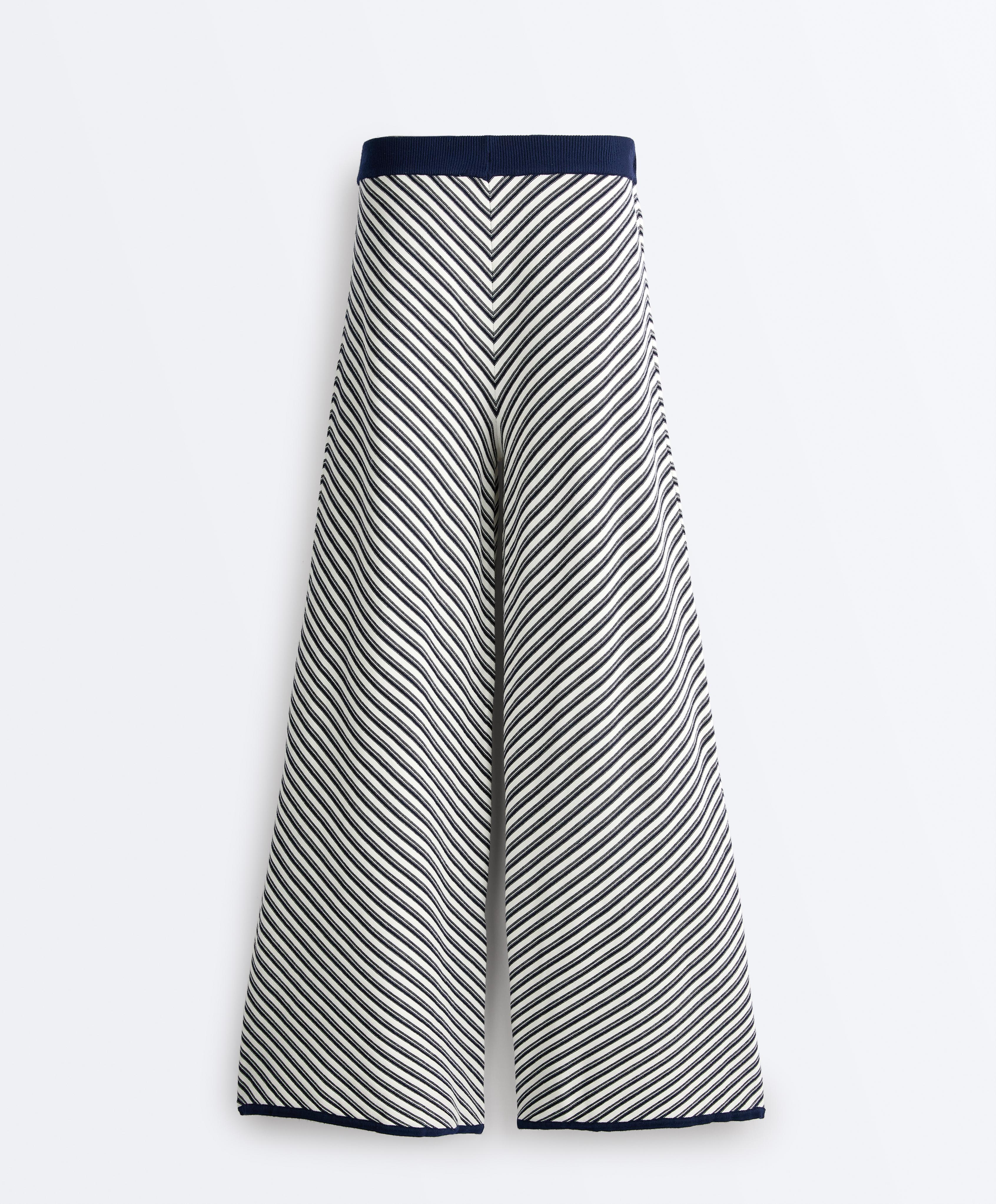 Diagonal stripe wide-leg knit trousers — NAVY BLUE