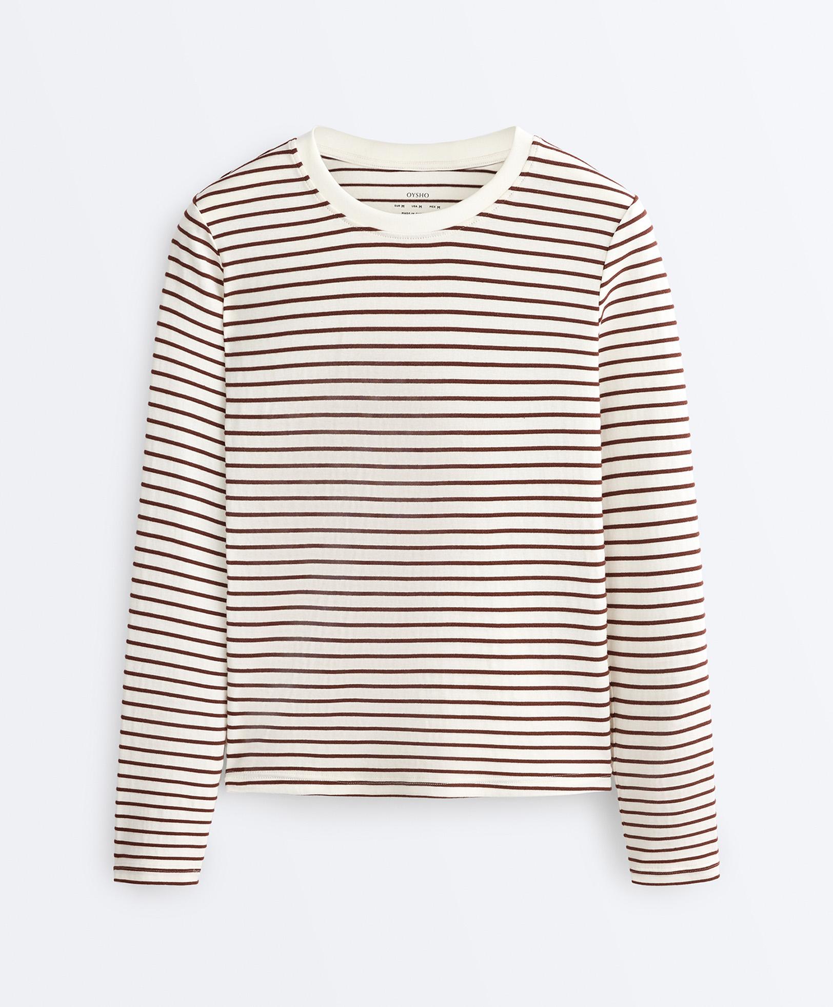 Regular fit long sleeve striped cotton blend T-shirt — BROWN