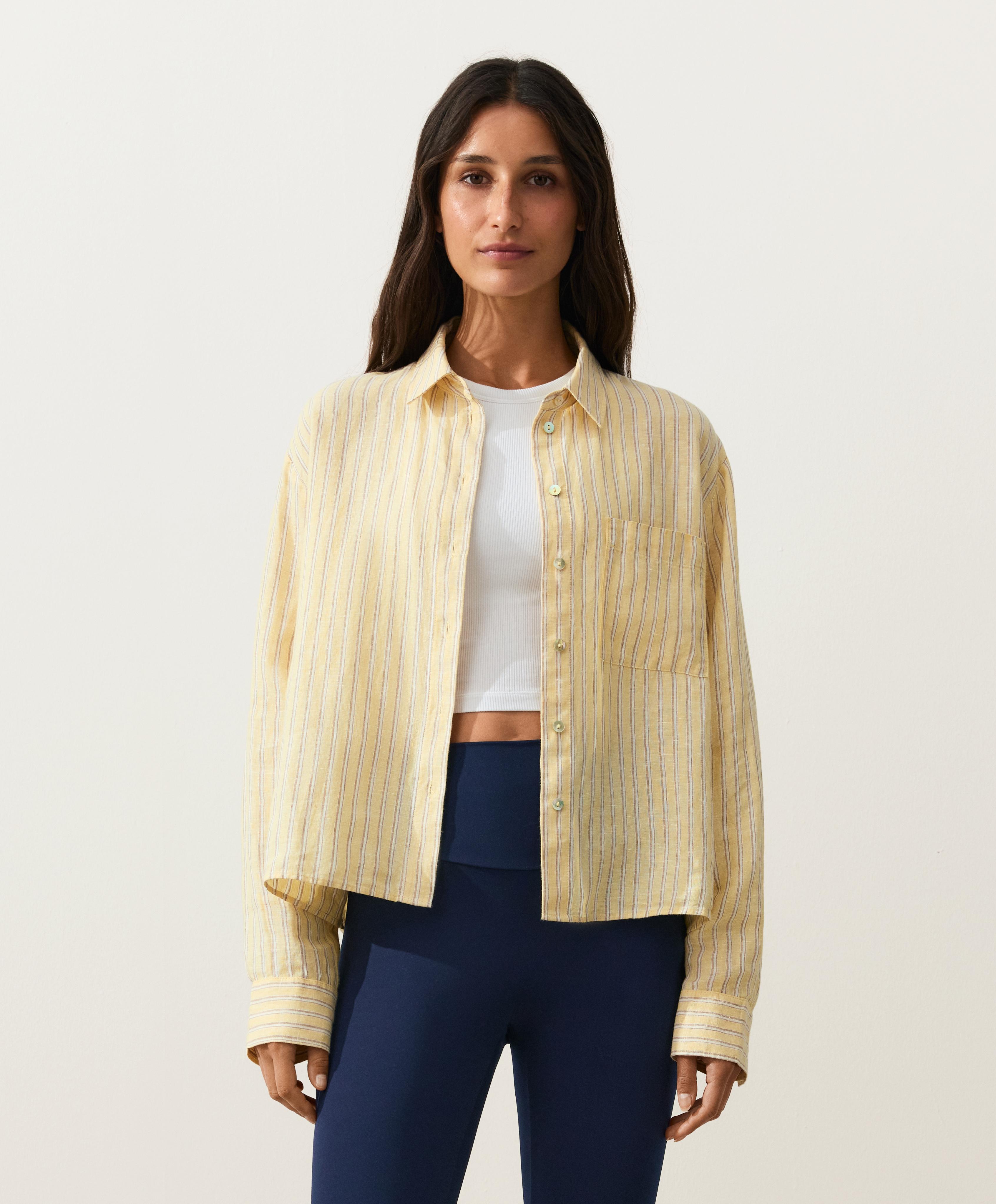 Striped 100% linen cropped shirt — SOFT YELLOW