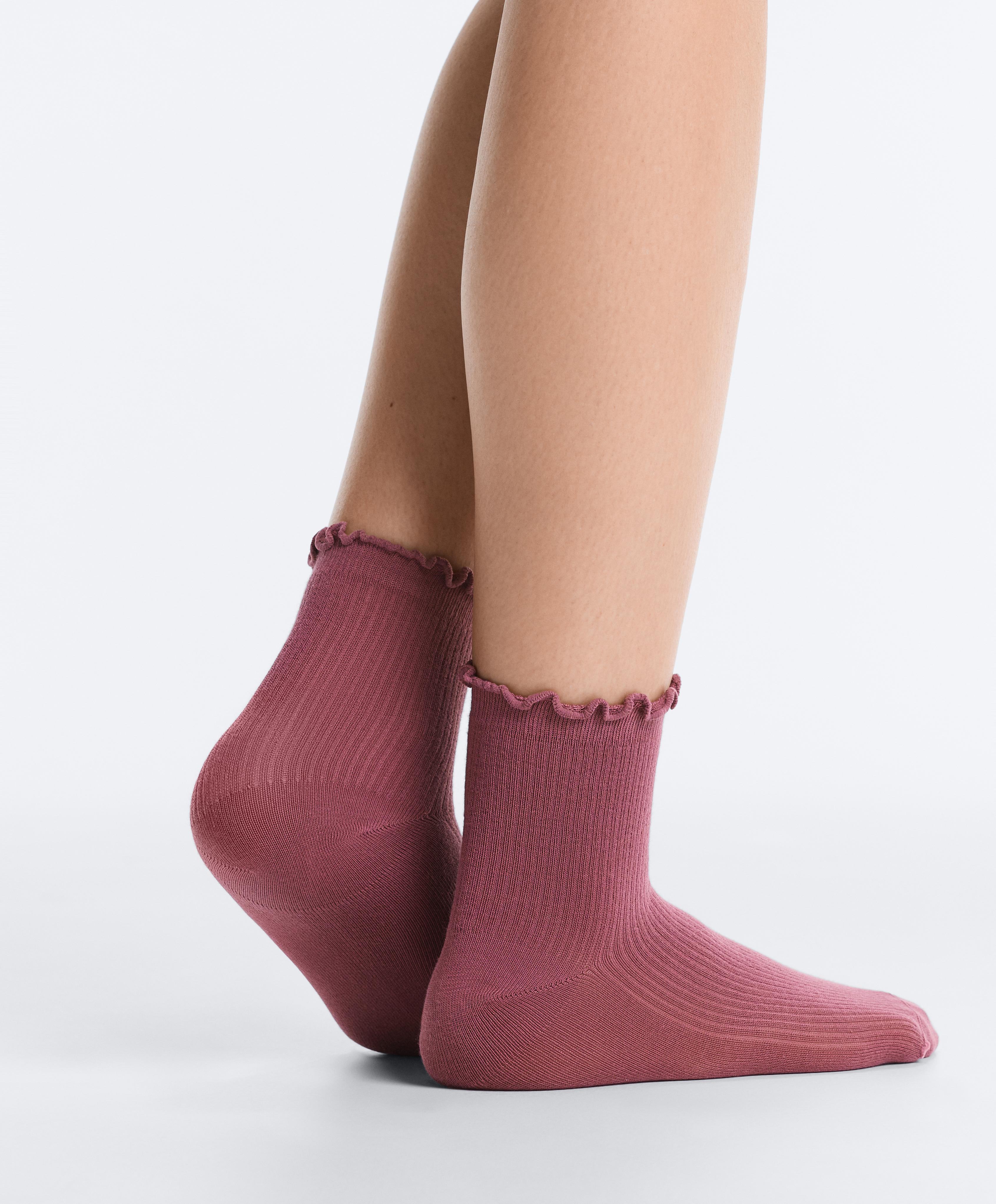 3 pairs of cotton blend quarter socks with curled edge — PLUM