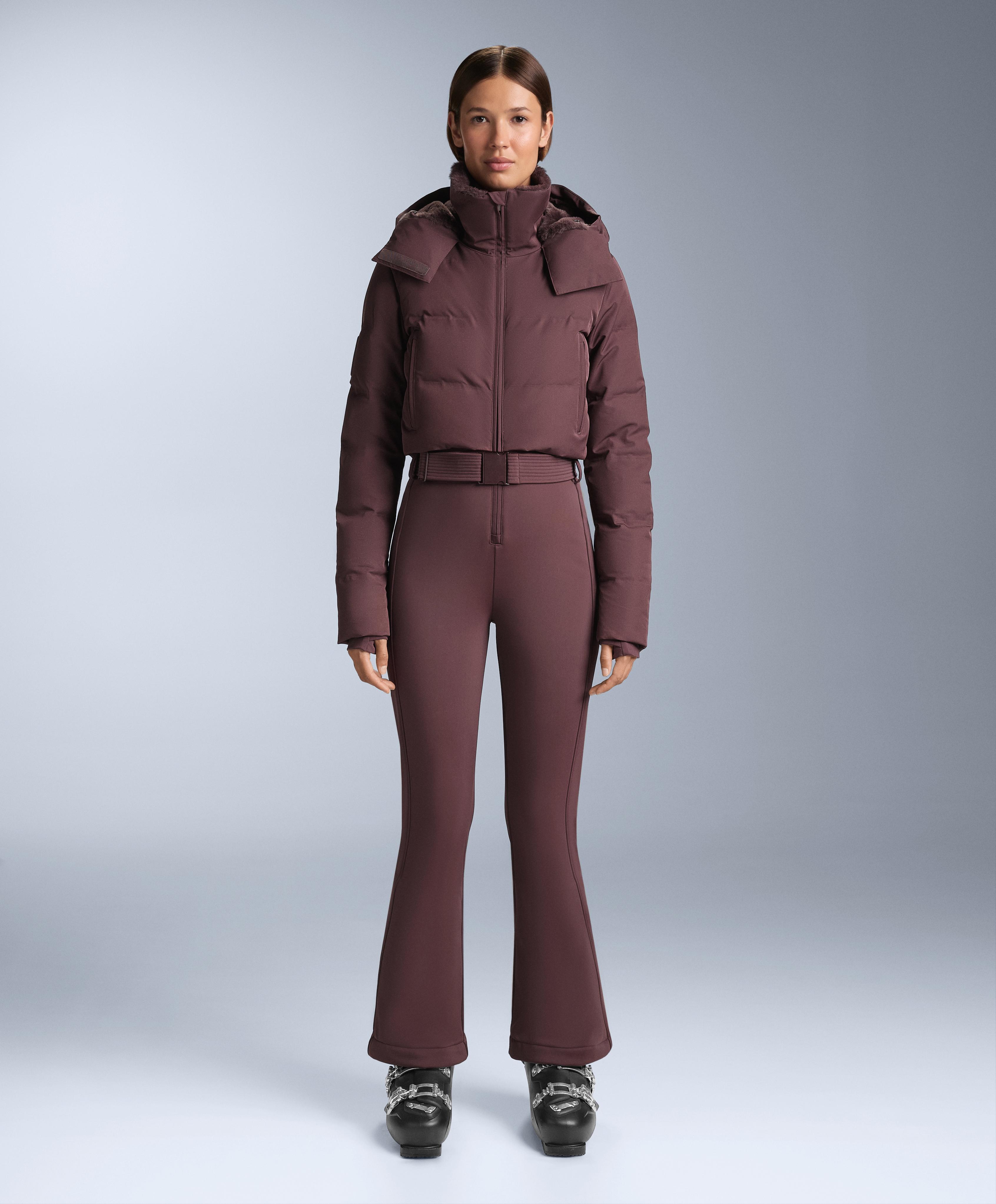 MINARDI PIUME SKI water-resistant padded jumpsuit with 80% down and 20% feather filling — DARK WINE RED