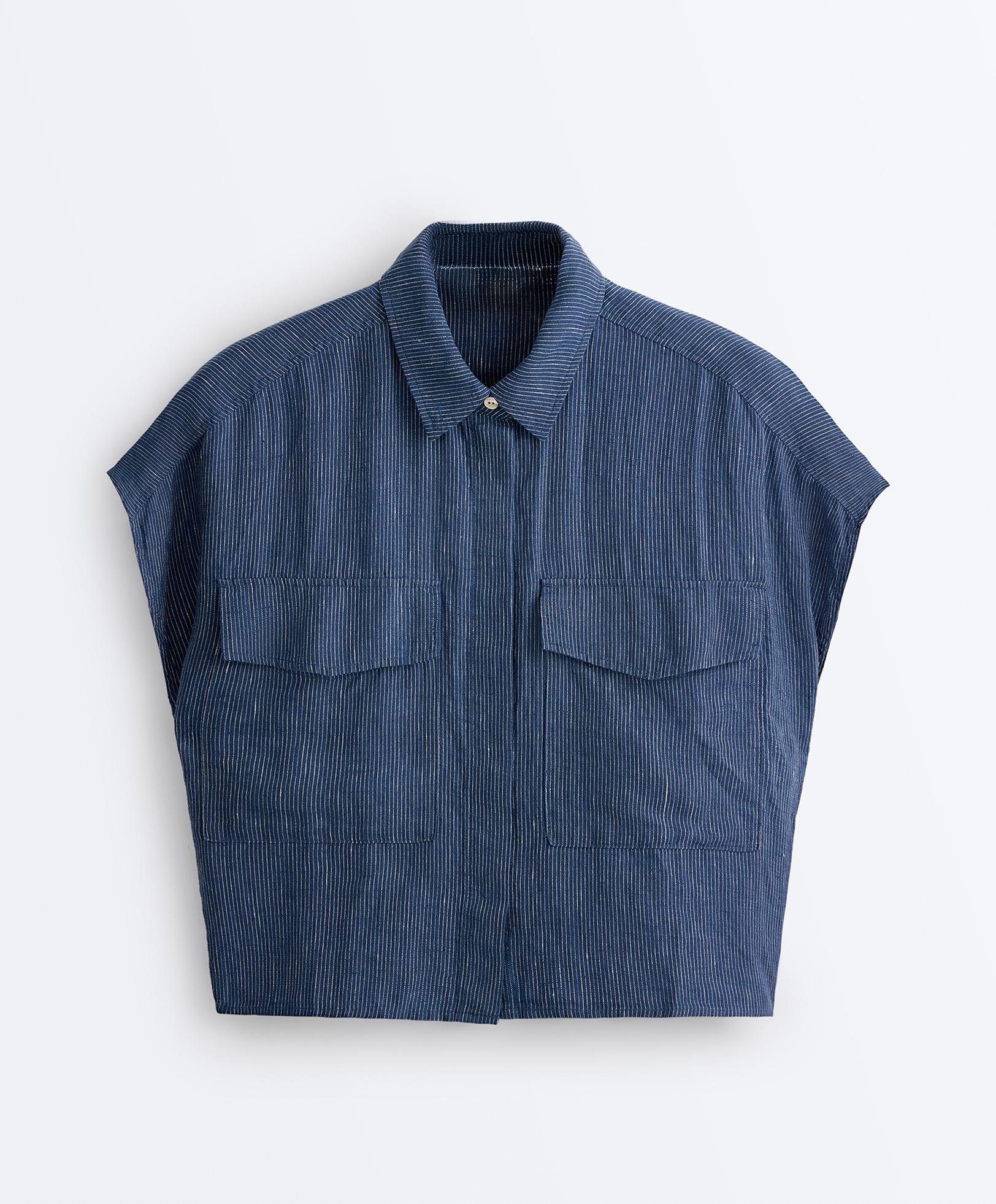 100% linen striped shirt with pockets — BLUE MELANGE