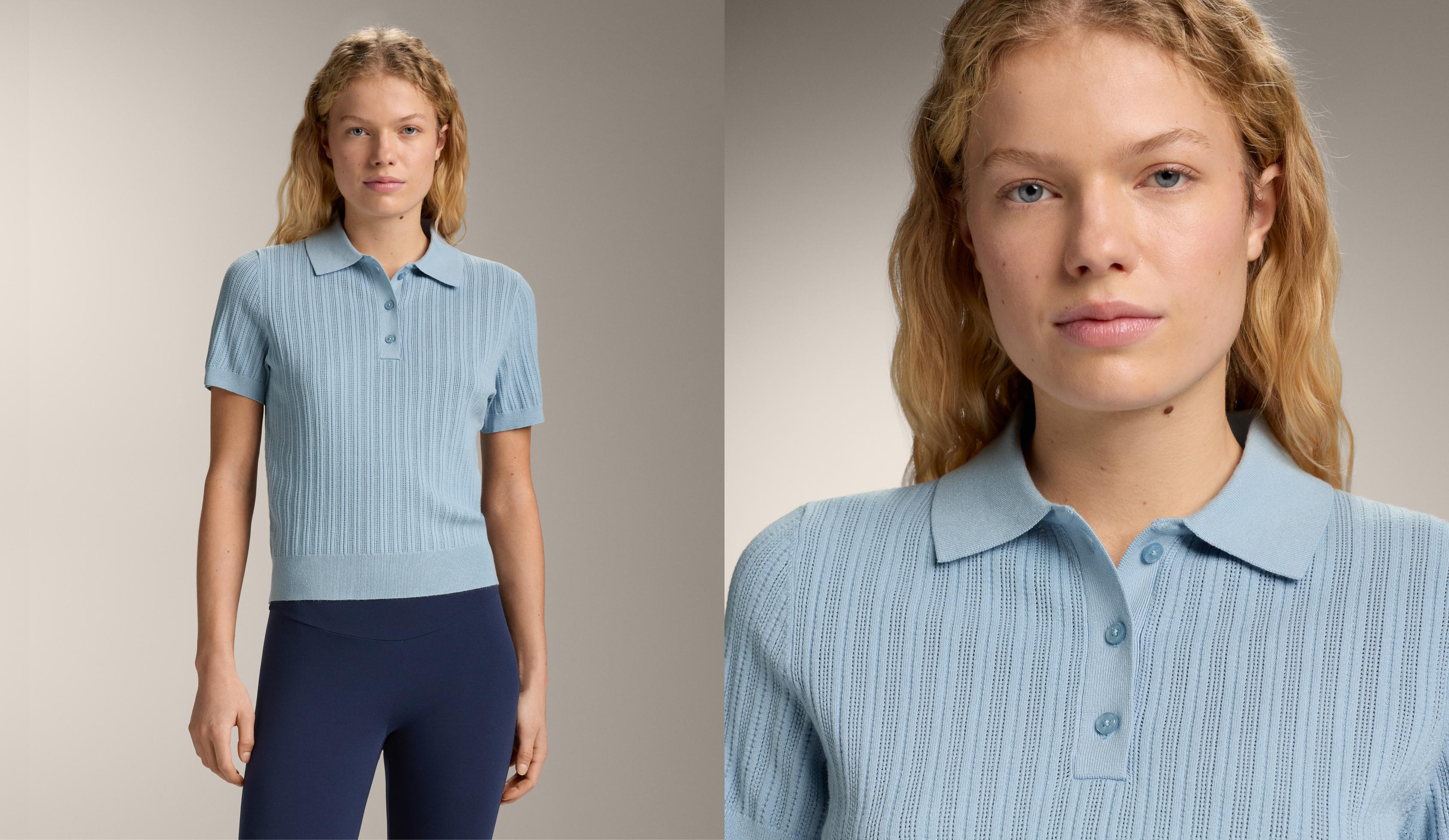 Pointelle knit polo shirt — SKY BLUE