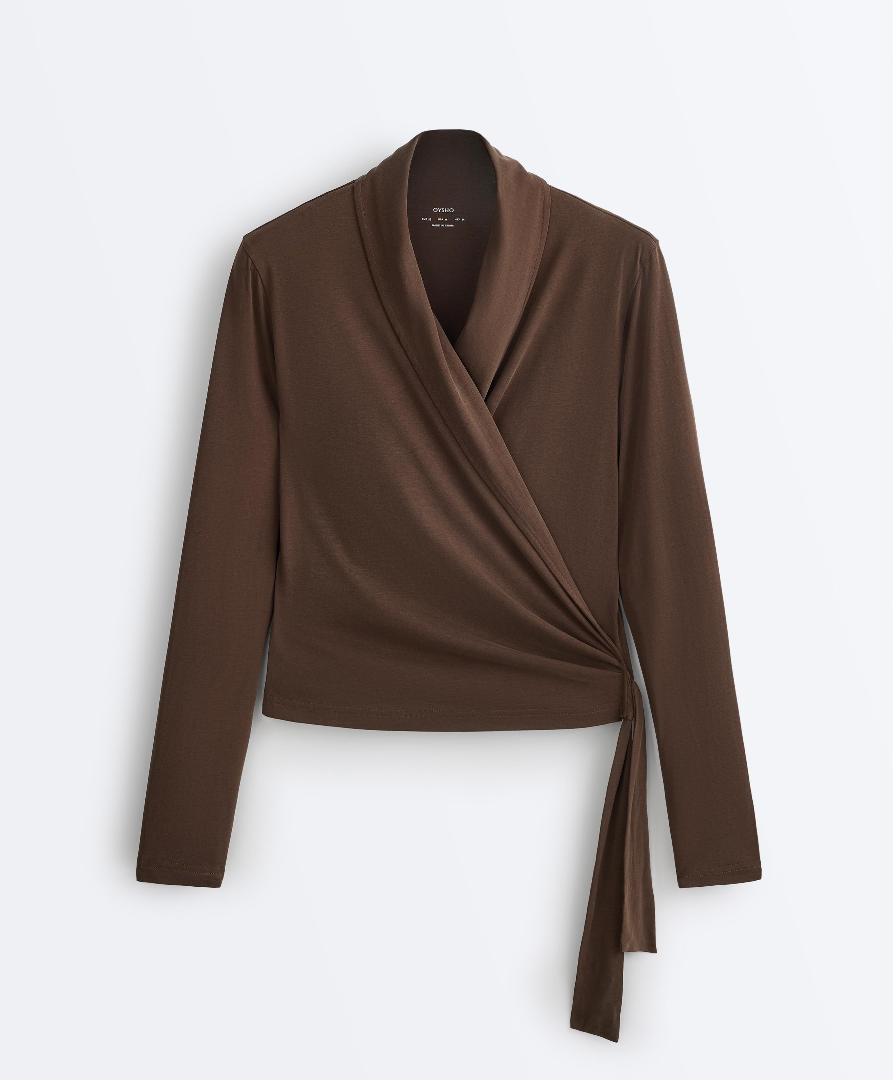 Modal blend long sleeve crossover T-shirt — DARK BROWN