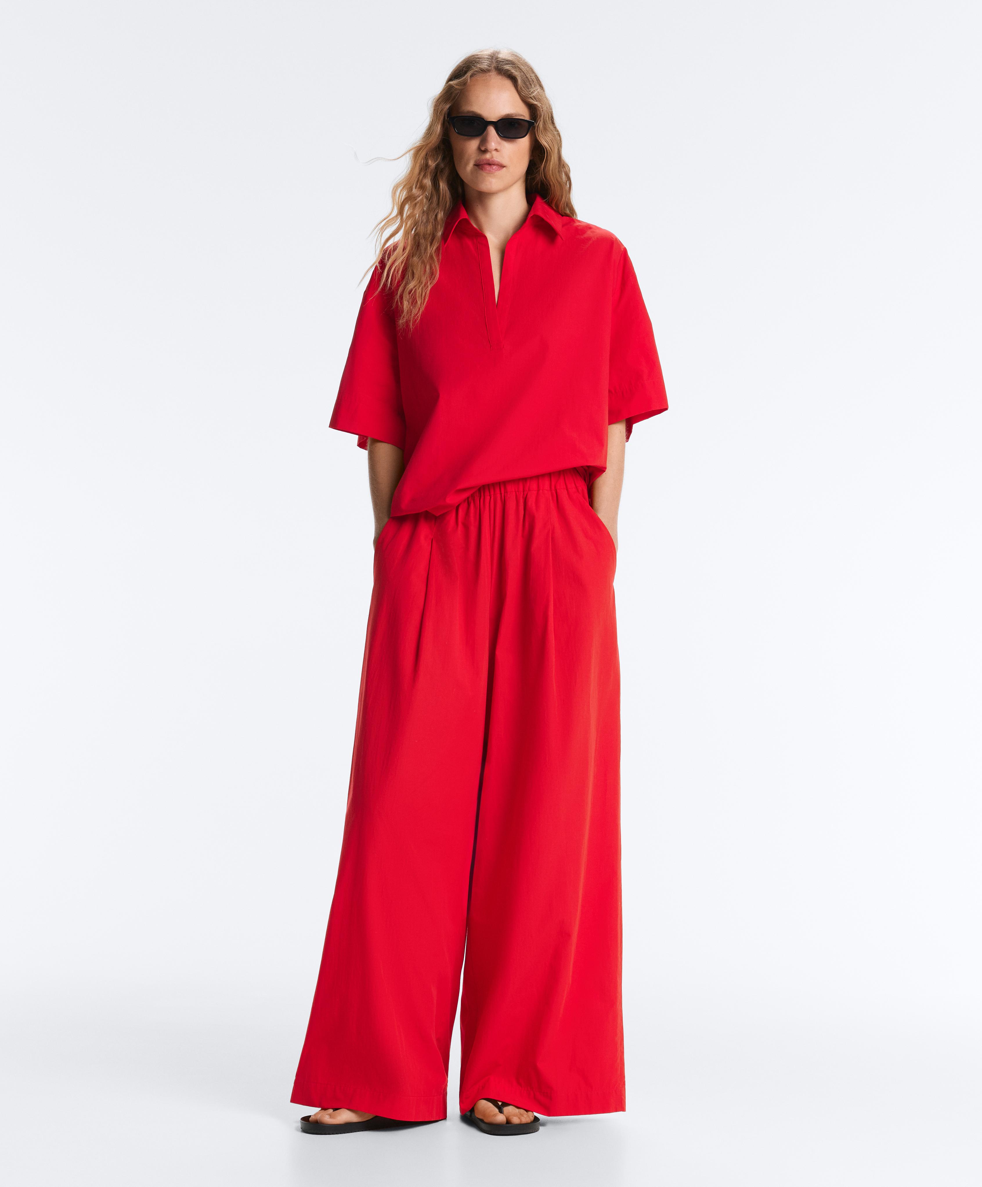100% cotton poplin wide-leg trousers — BRIGHT RED