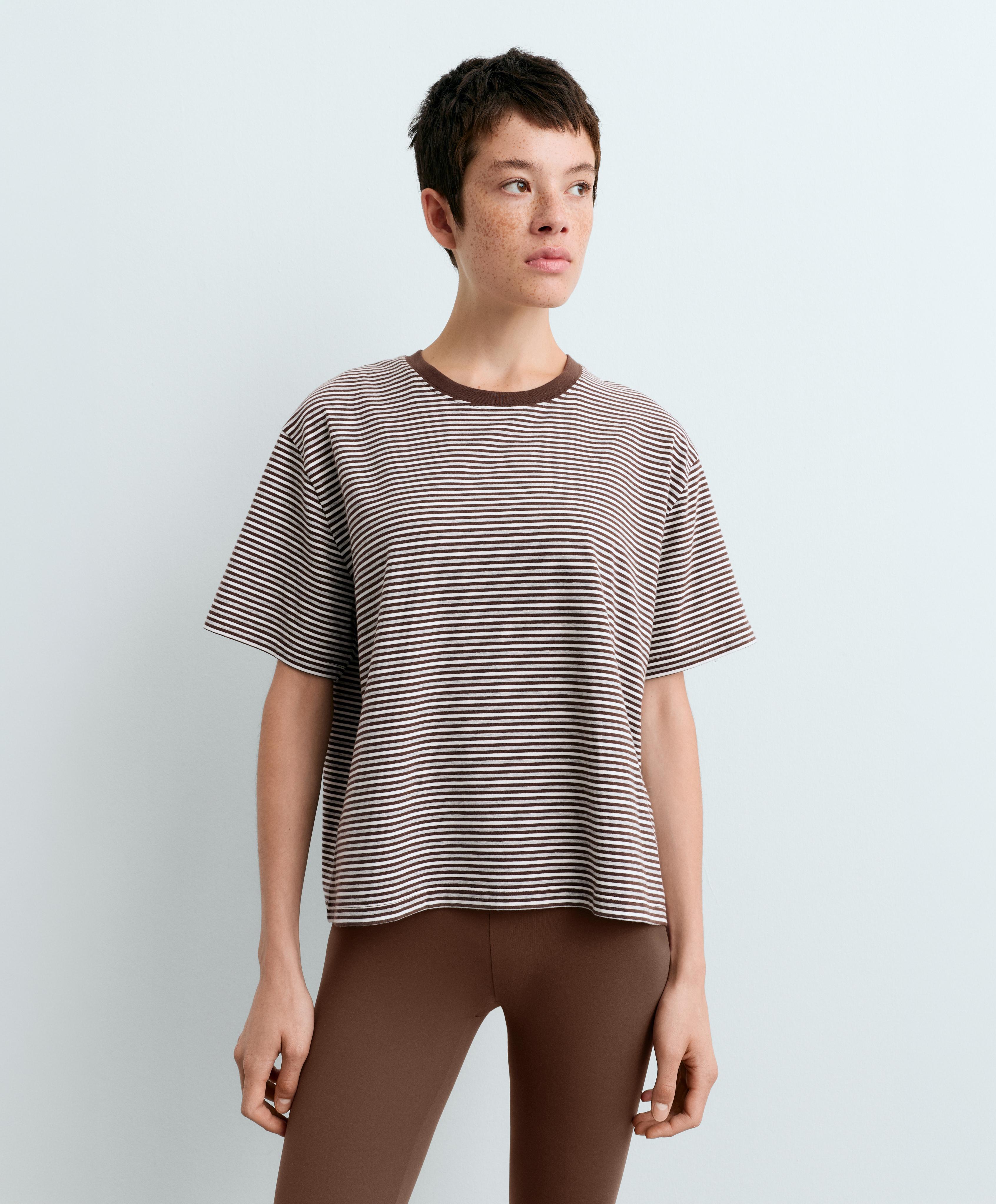 Regular fit striped cotton blend short-sleeved T-shirt — CHOCOLATE