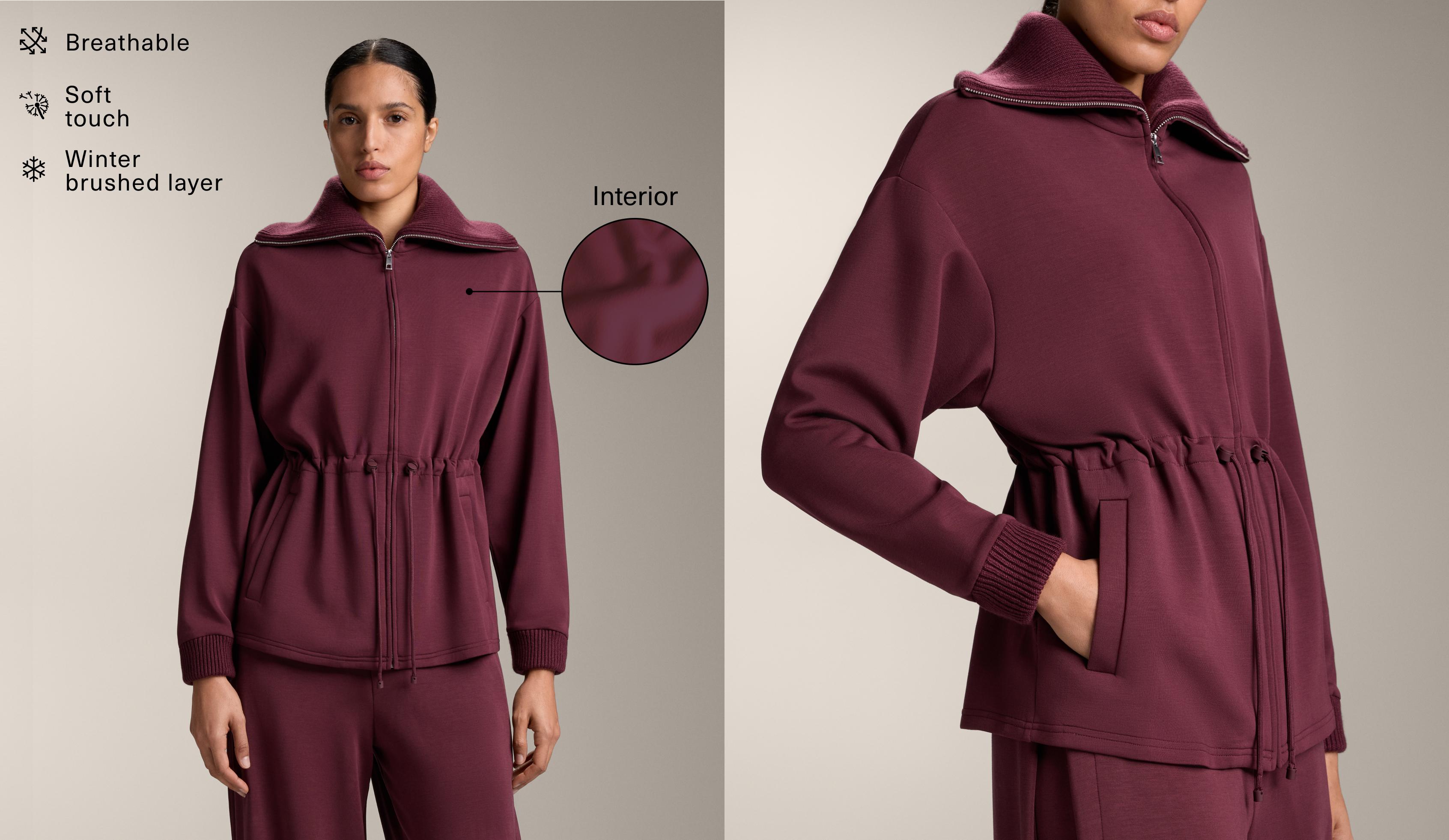 Adjustable waist knit collar jacket with brushed modal — MAROON
