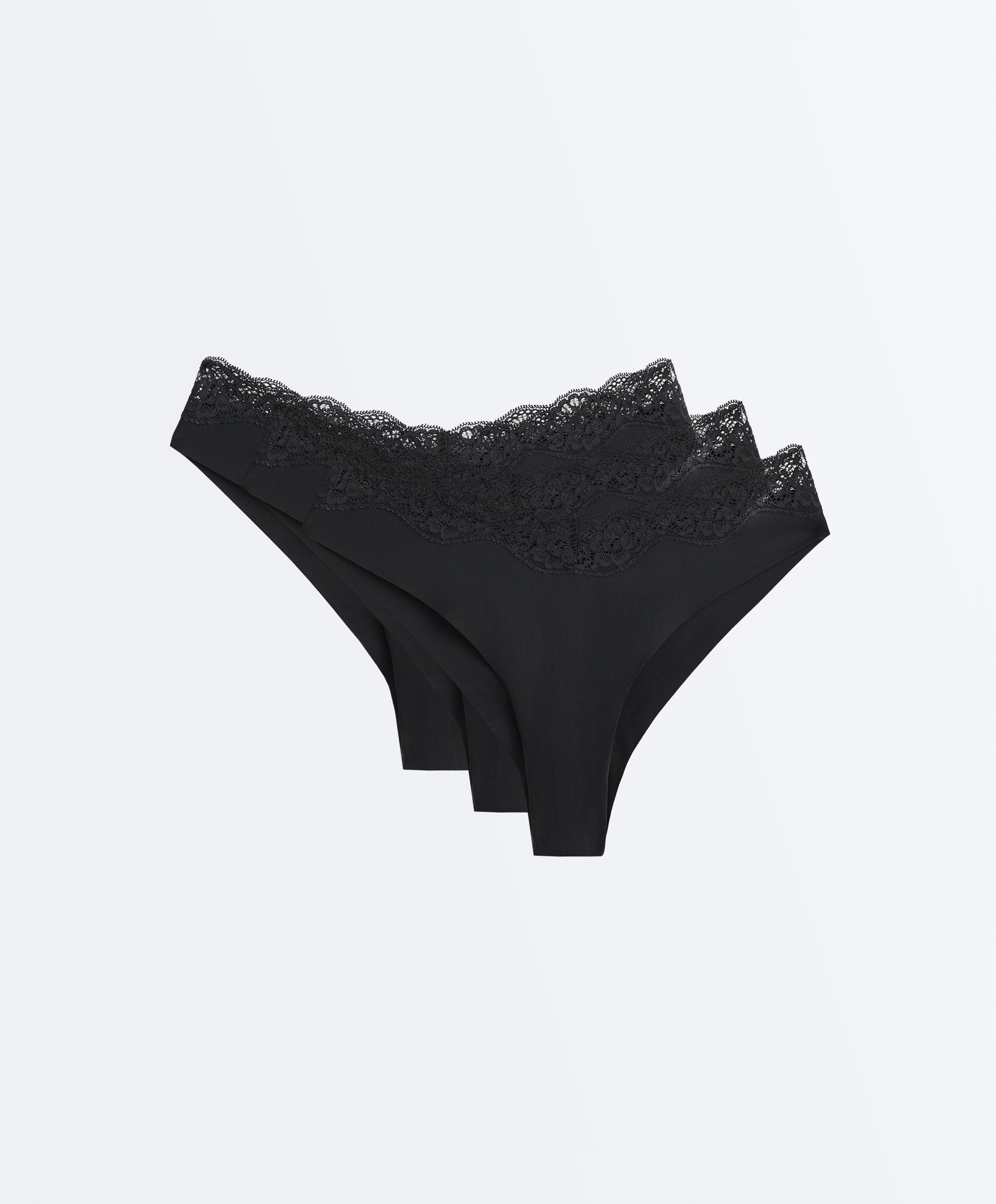 3 V-cut lace laser-cut polyamide Brazilian briefs — BLACK