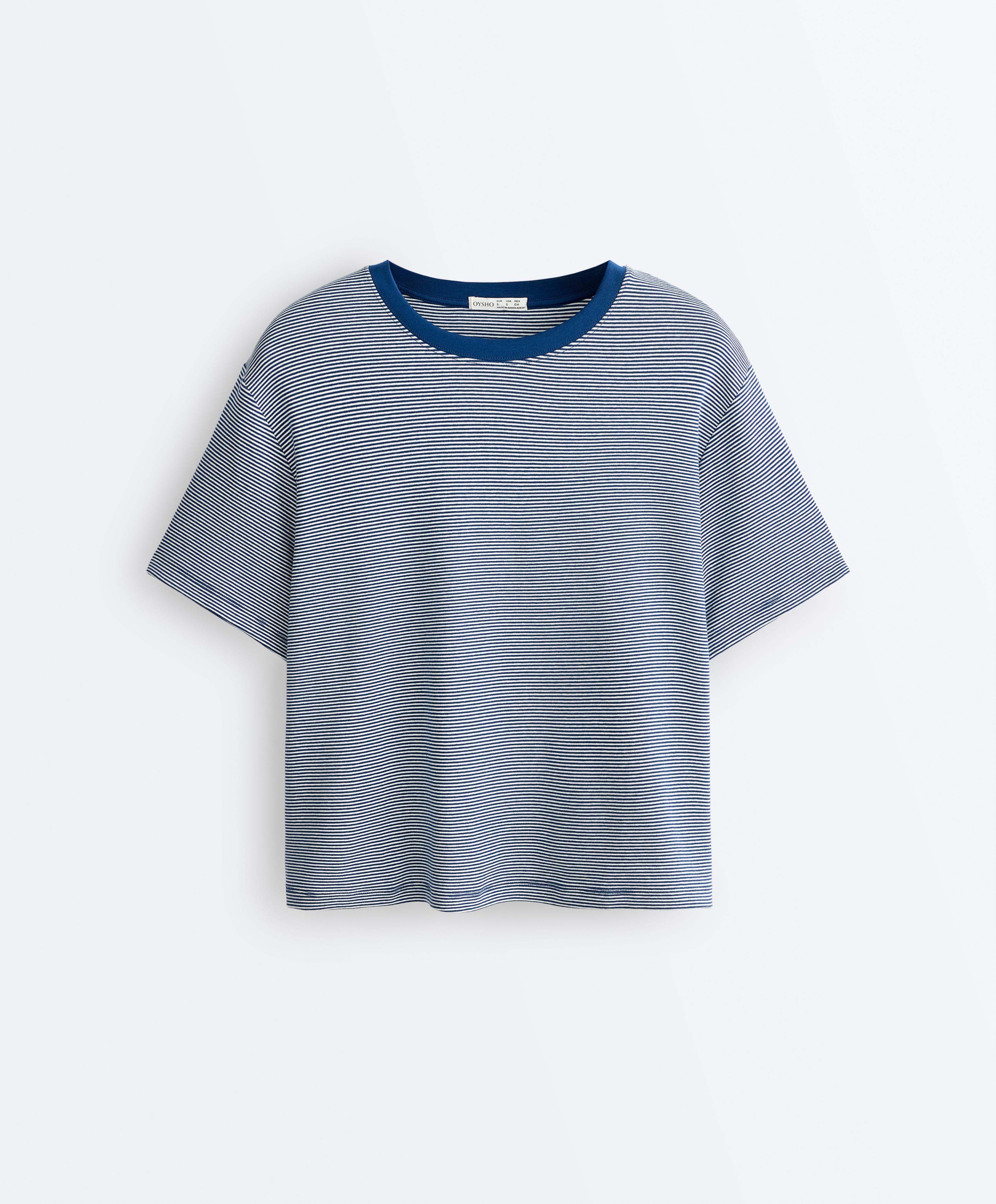Striped boxy short sleeve cotton blend T-shirt — NAVY BLUE