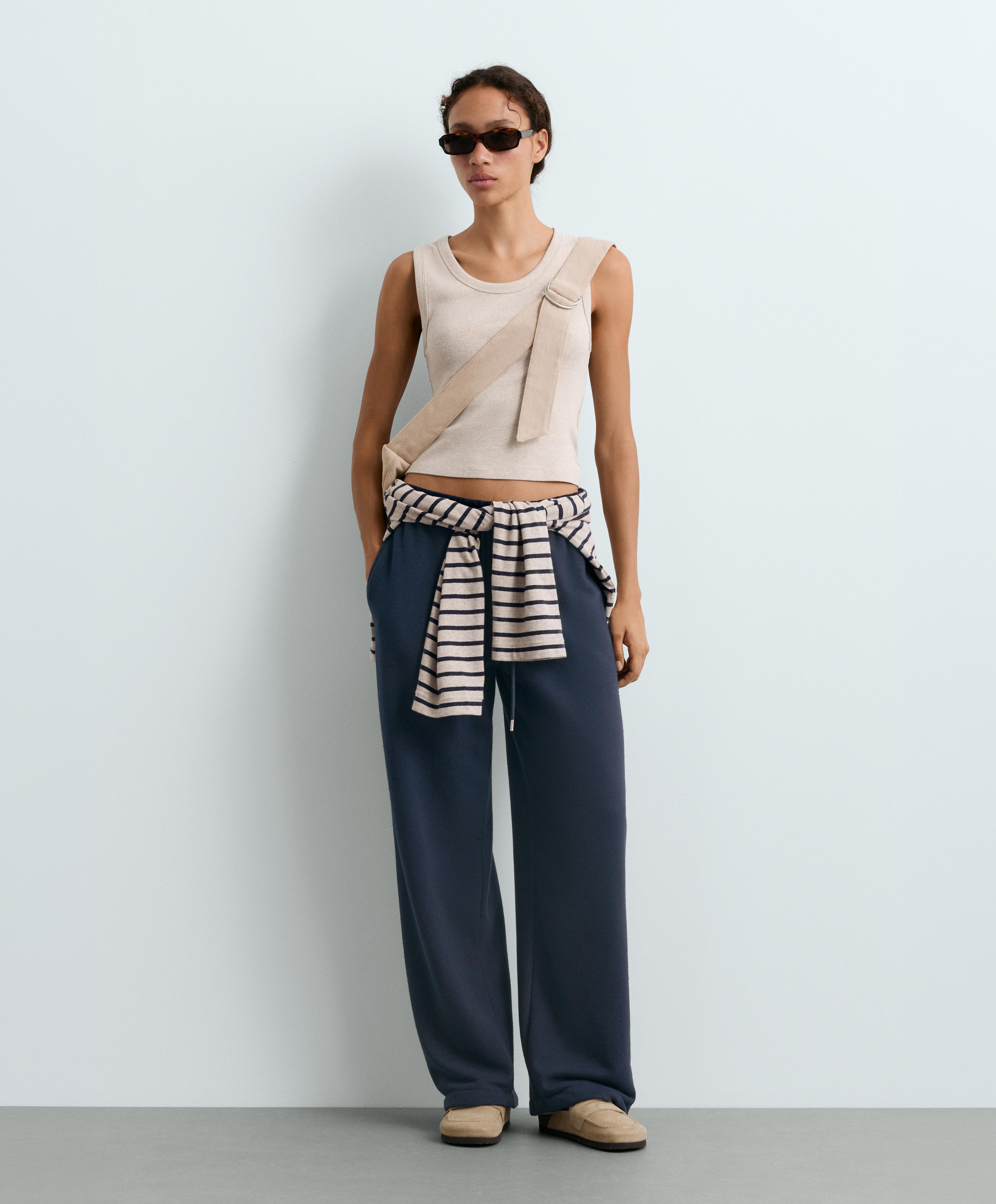 Rib T-shirt with wide straps, cotton and modal — SAND MELANGE