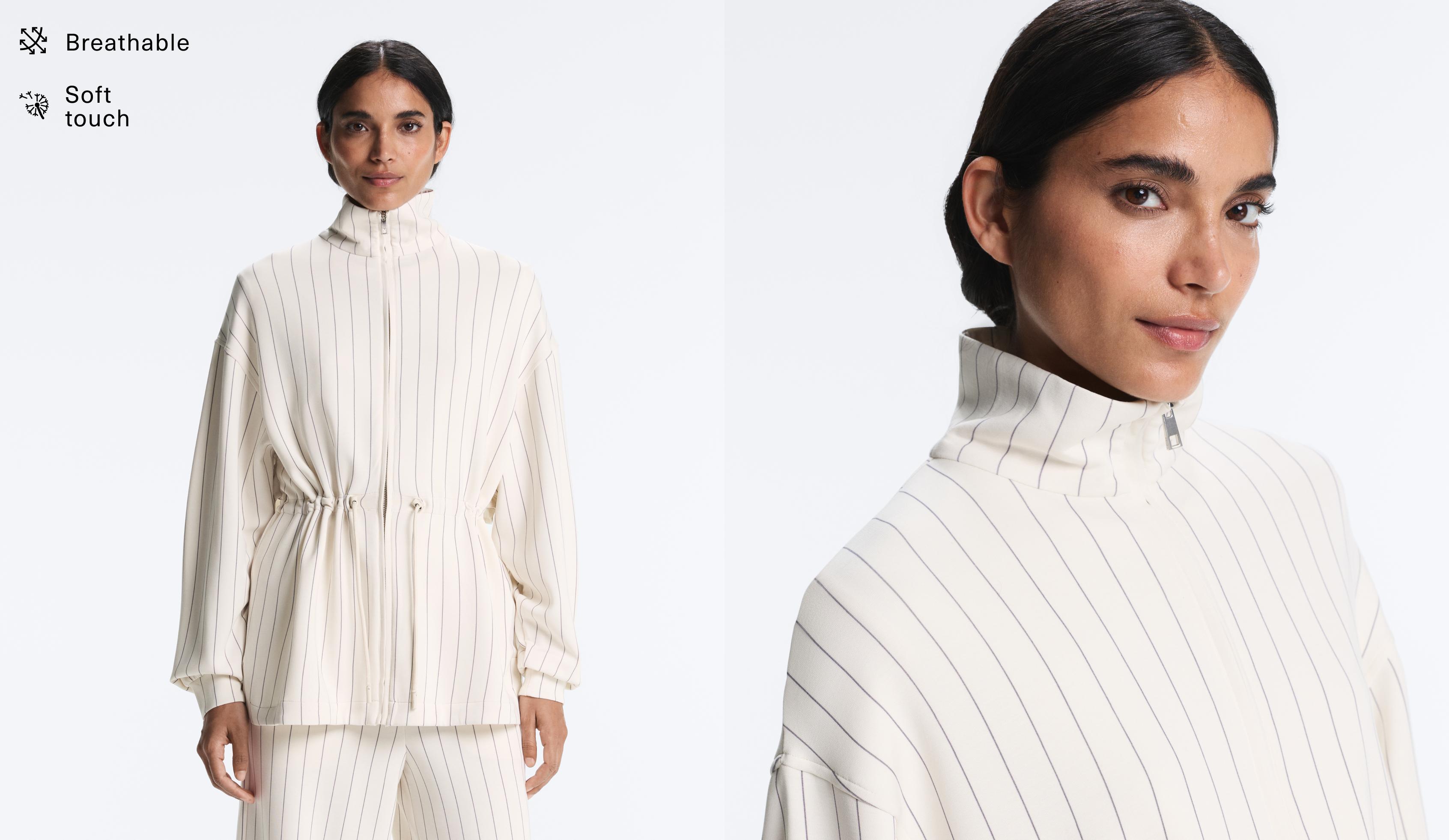 Long pinstripe jacket with adjustable waist and soft-touch modal — ECRU
