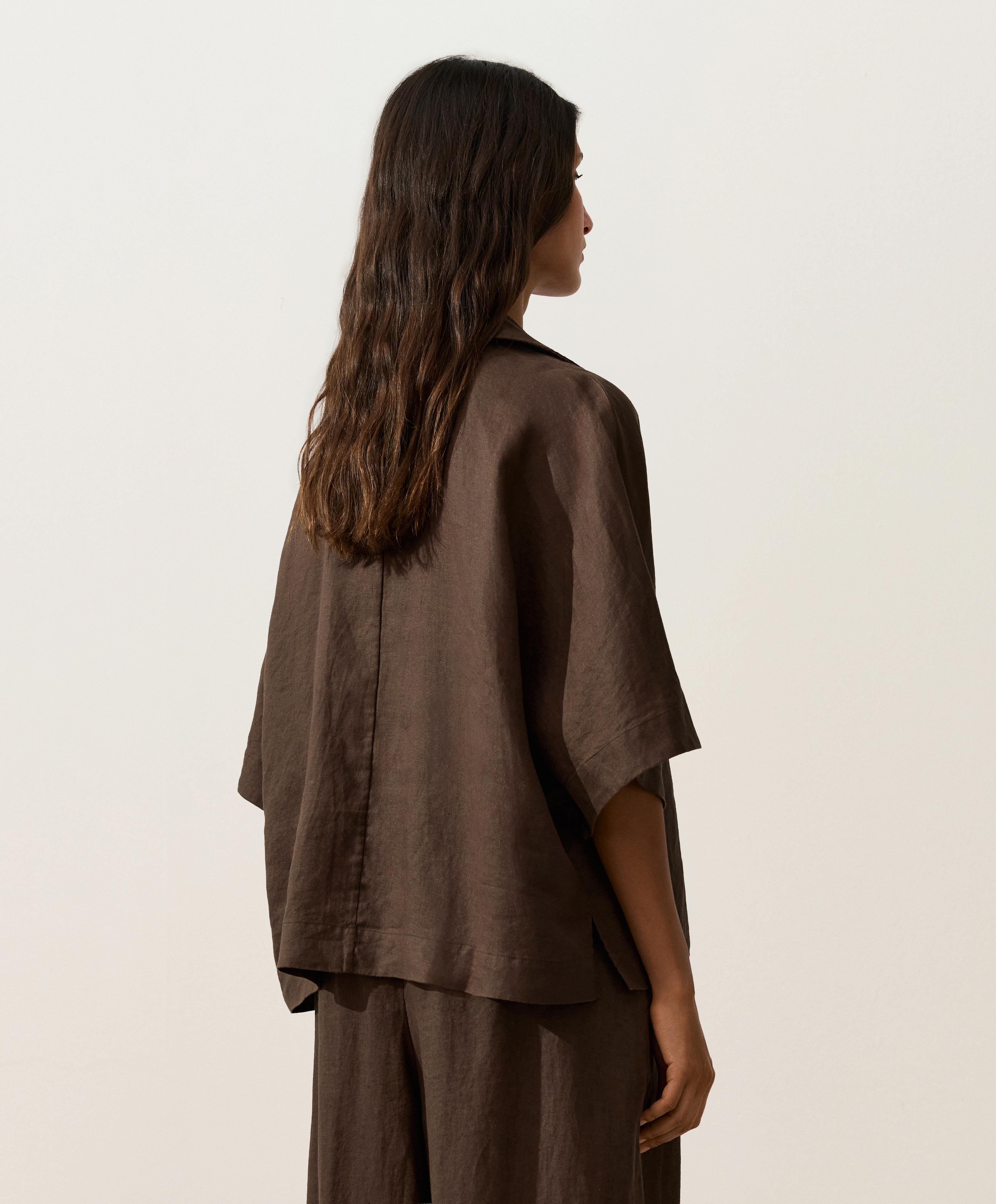 Oversize 100% linen polo shirt — DARK BROWN