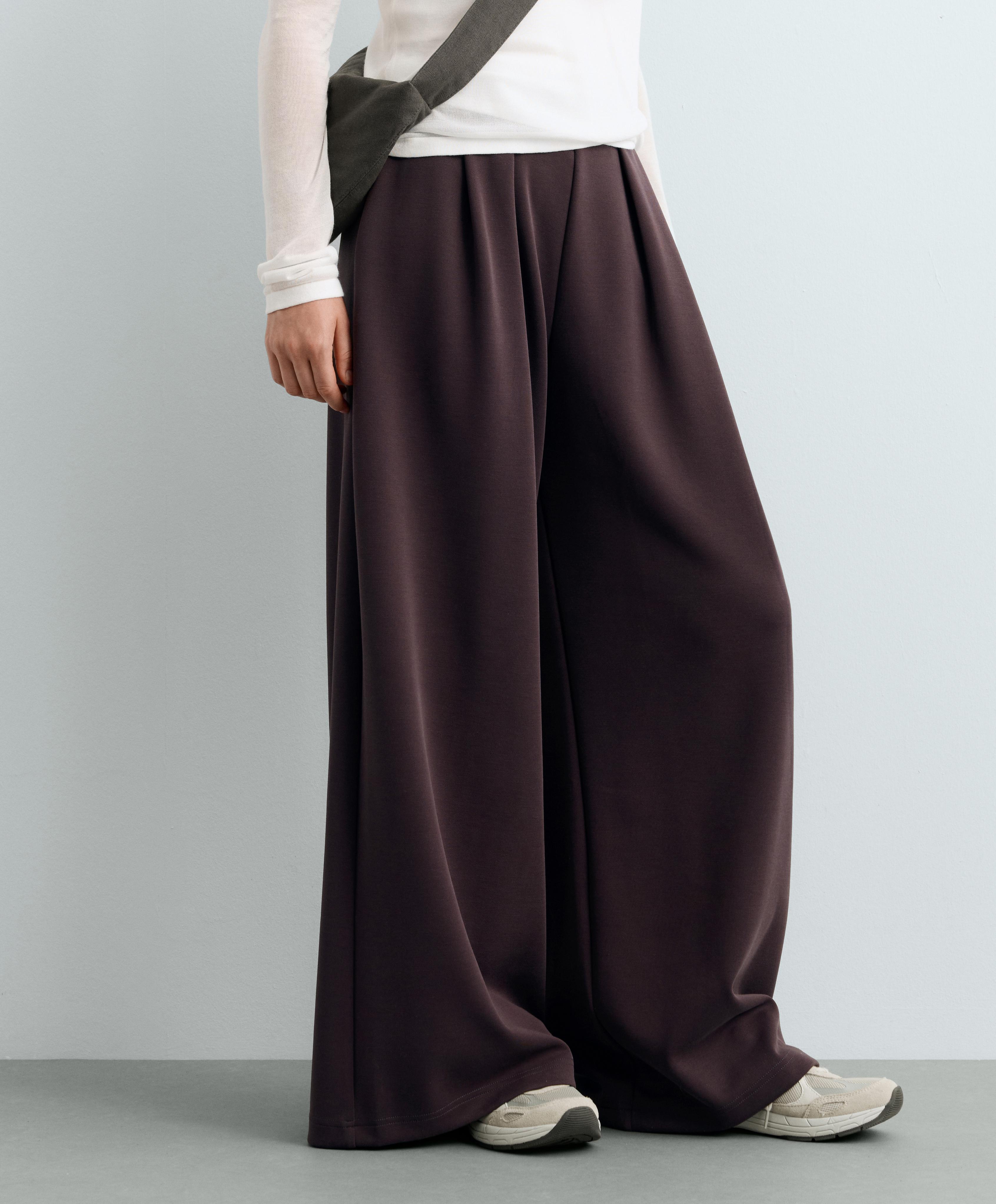 Wide-leg piqué trousers with modal — Purplish brown