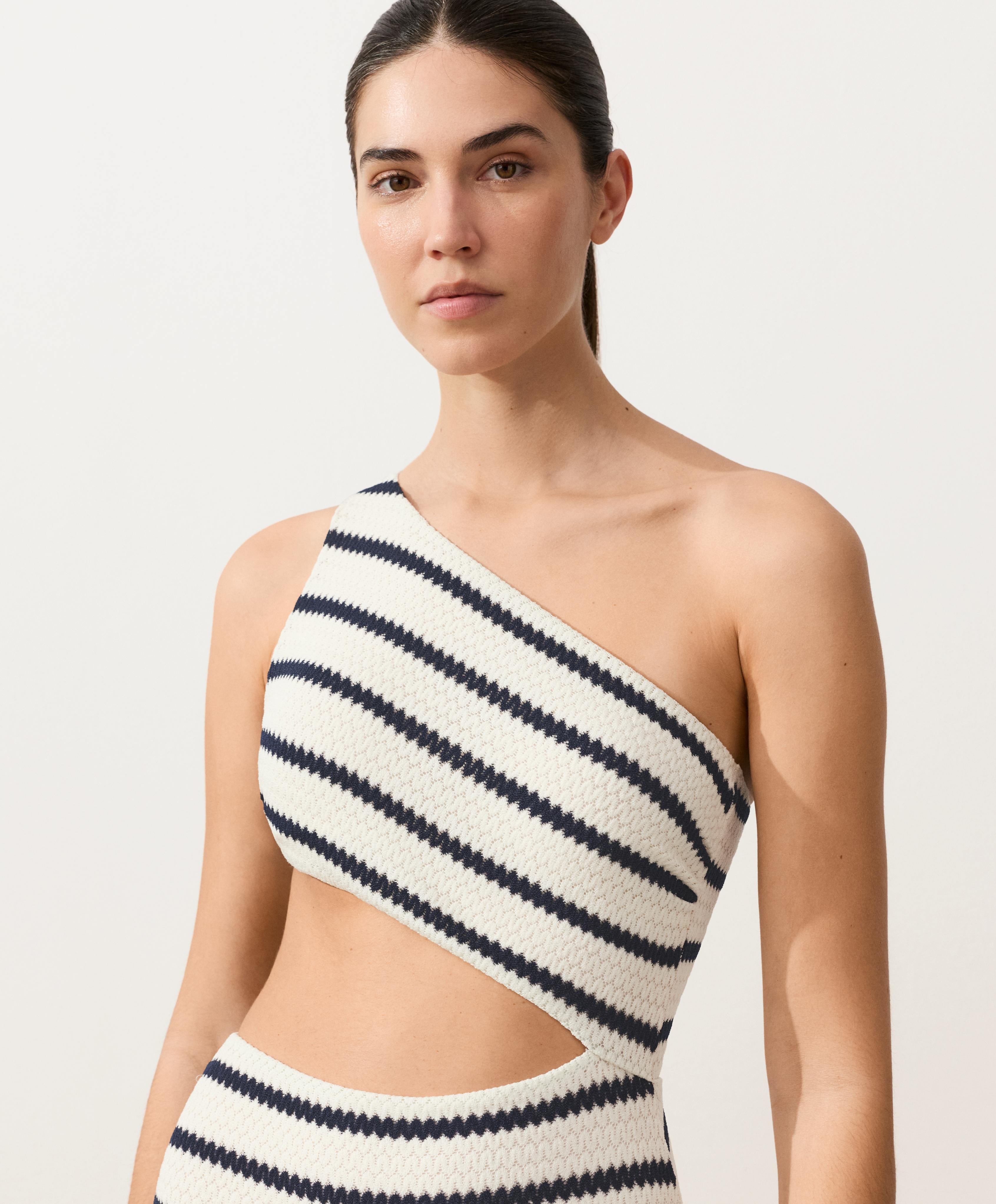 Asymmetric striped crochet trikini — PALE ECRU