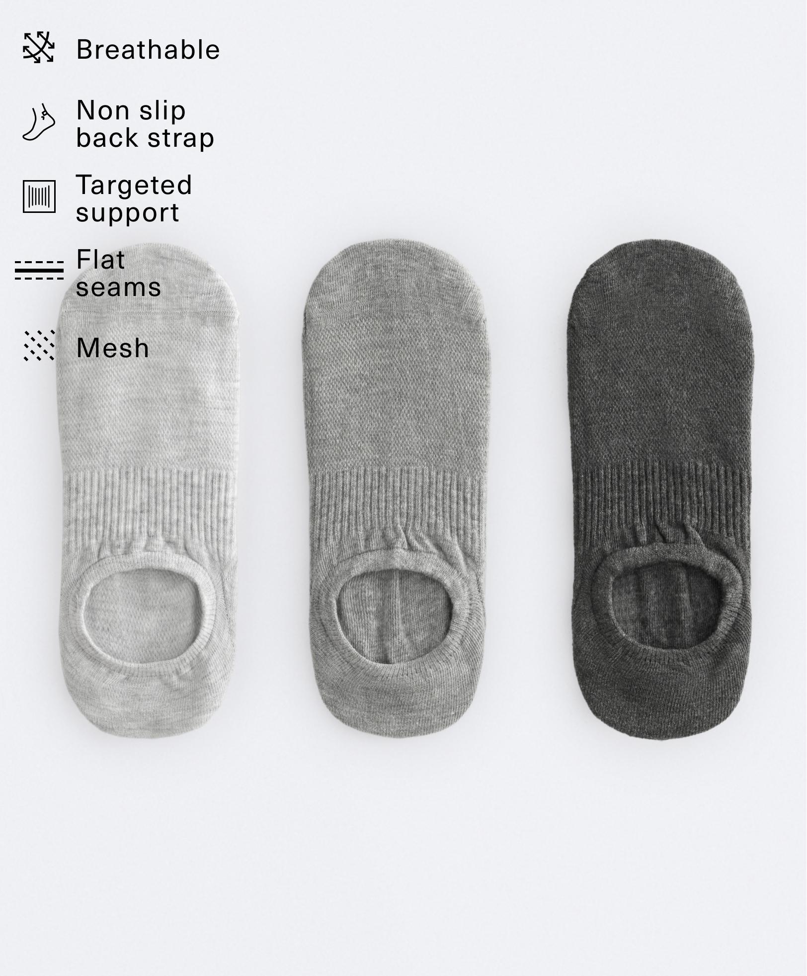 3 pairs of high-cut cotton blend invisible sports socks — PALE GREY MELANGE