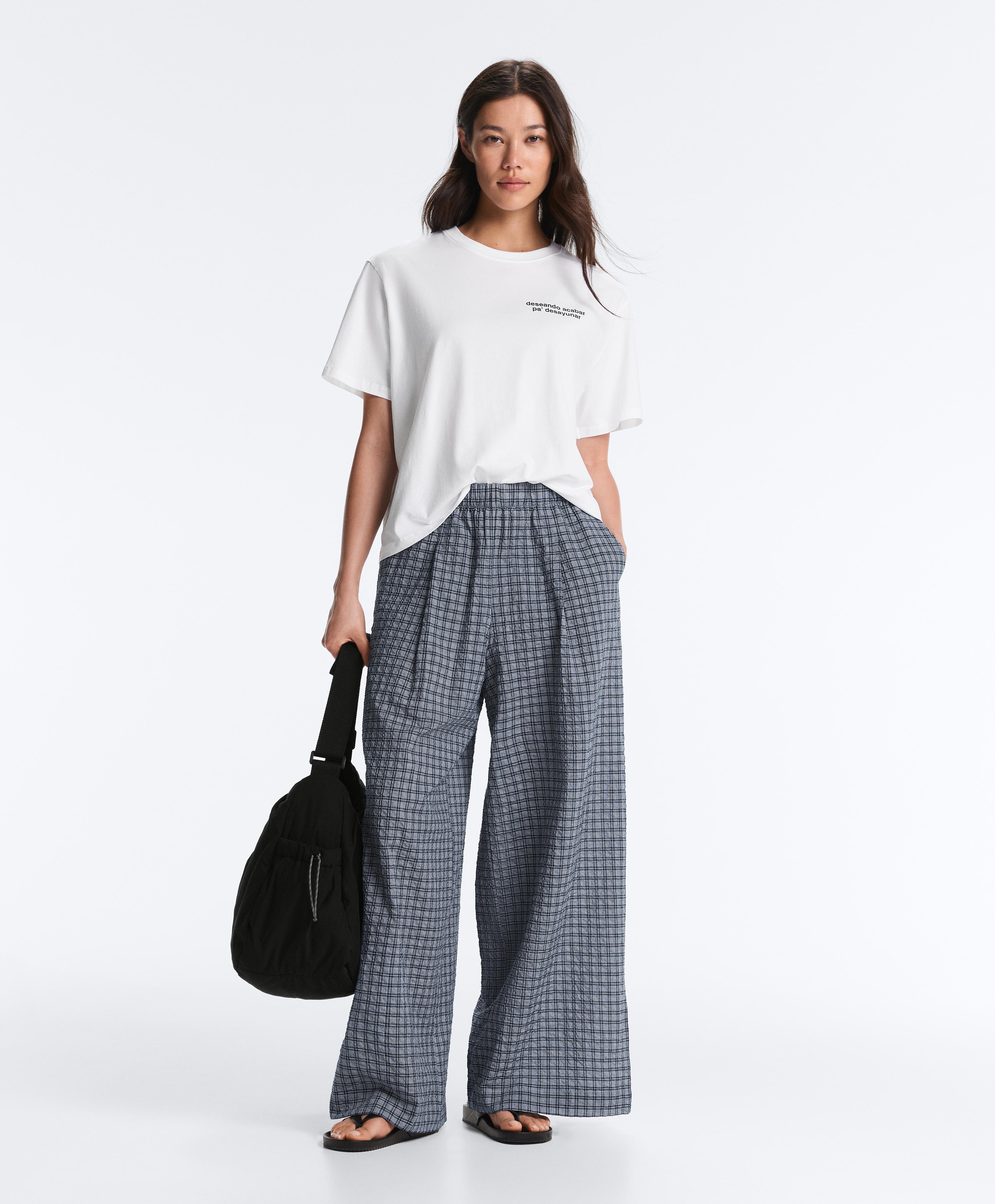 Check cotton blend wide-leg trousers — GREY-BLUE
