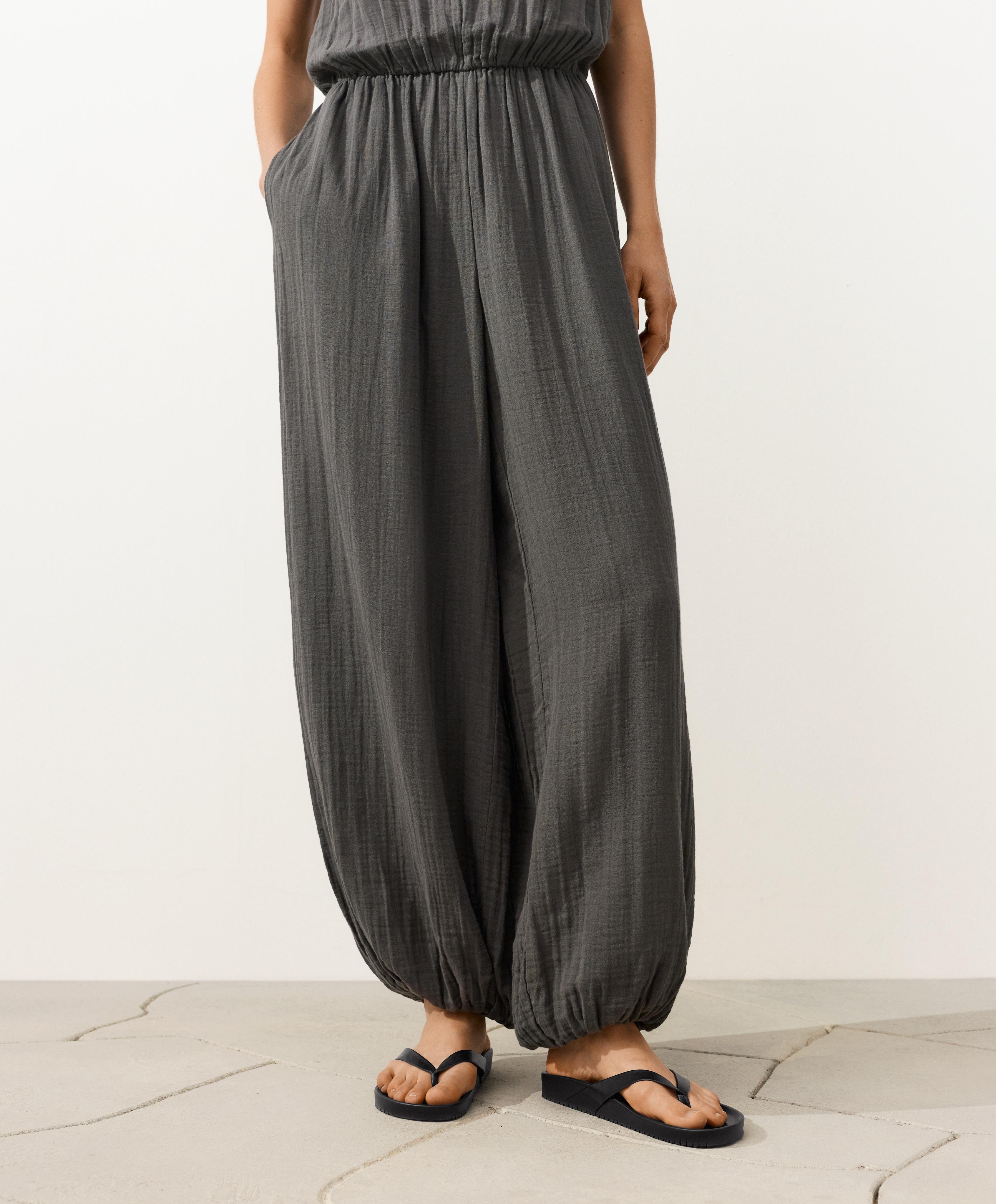 100% cotton crinkle long jumpsuit — ASPHALT